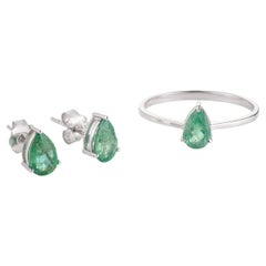 Dainty Emerald Ring Earrings Jewelry Set Made in 18k Solid White Gold