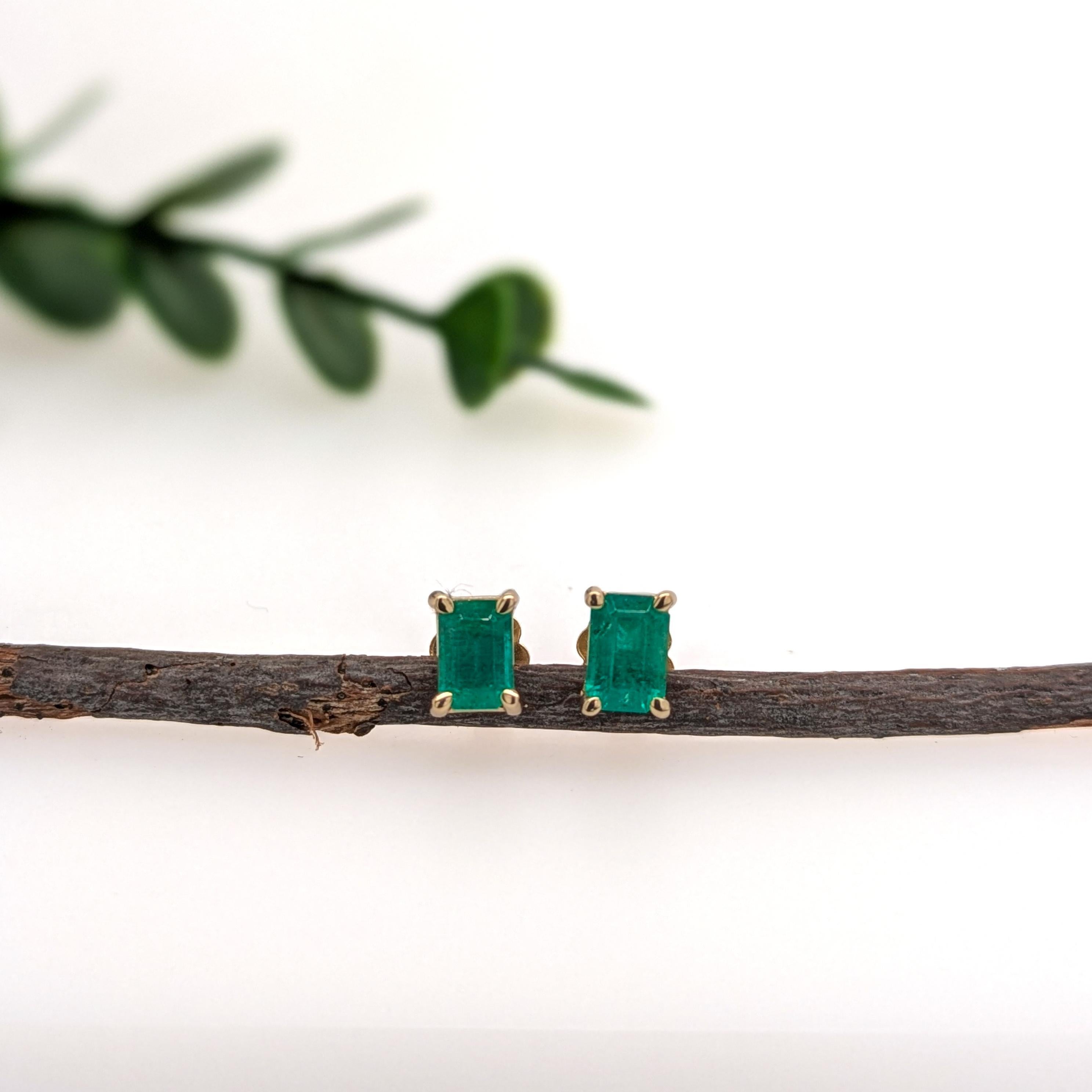 Art Deco 6x4mm - Dainty Zambian Emerald Solitaire Stud Earrings in Solid 14K Yellow Gold