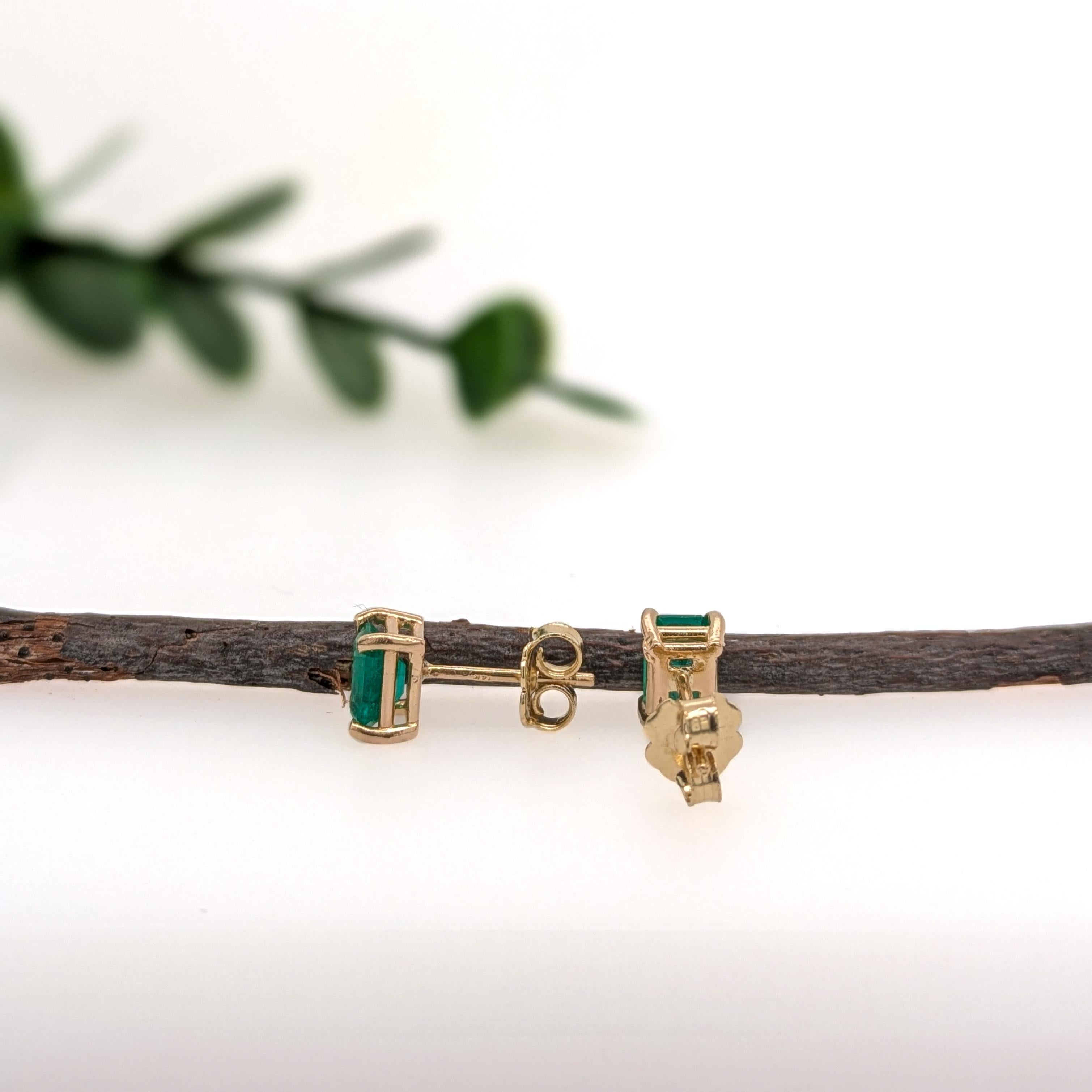 Emerald Cut 6x4mm - Dainty Zambian Emerald Solitaire Stud Earrings in Solid 14K Yellow Gold