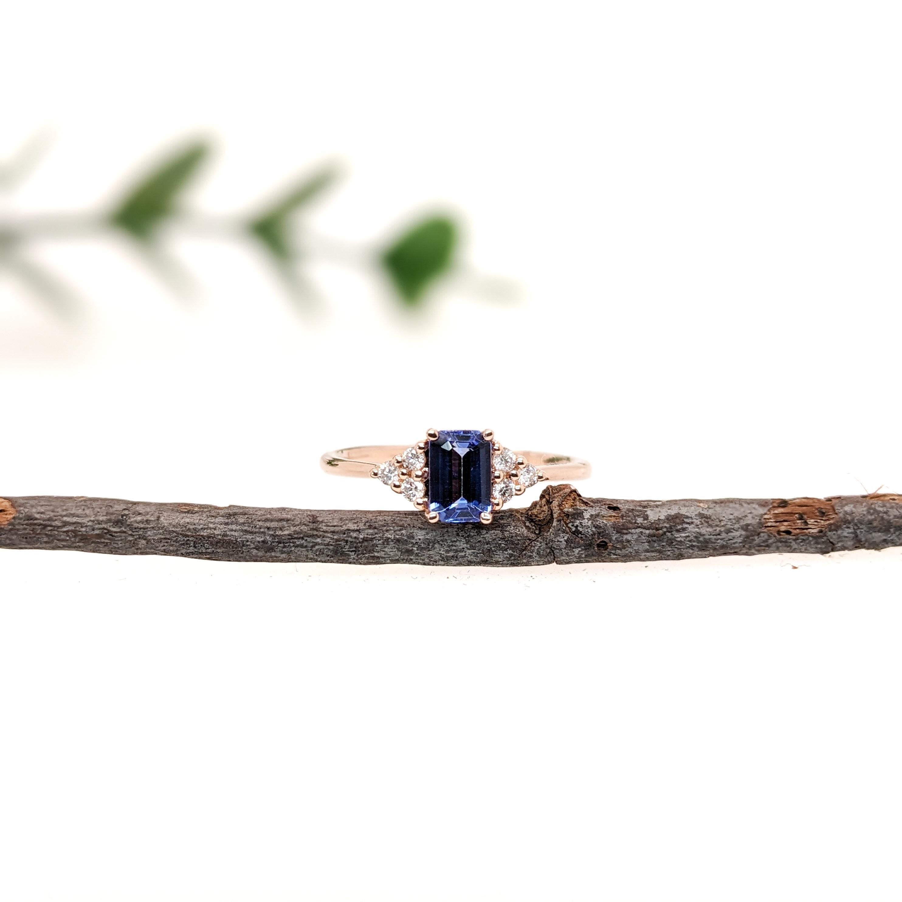 Art Deco Dainty Engagement Tanzanite Ring w Natural Diamonds in 14K Yellow Gold  EM 6x4 For Sale