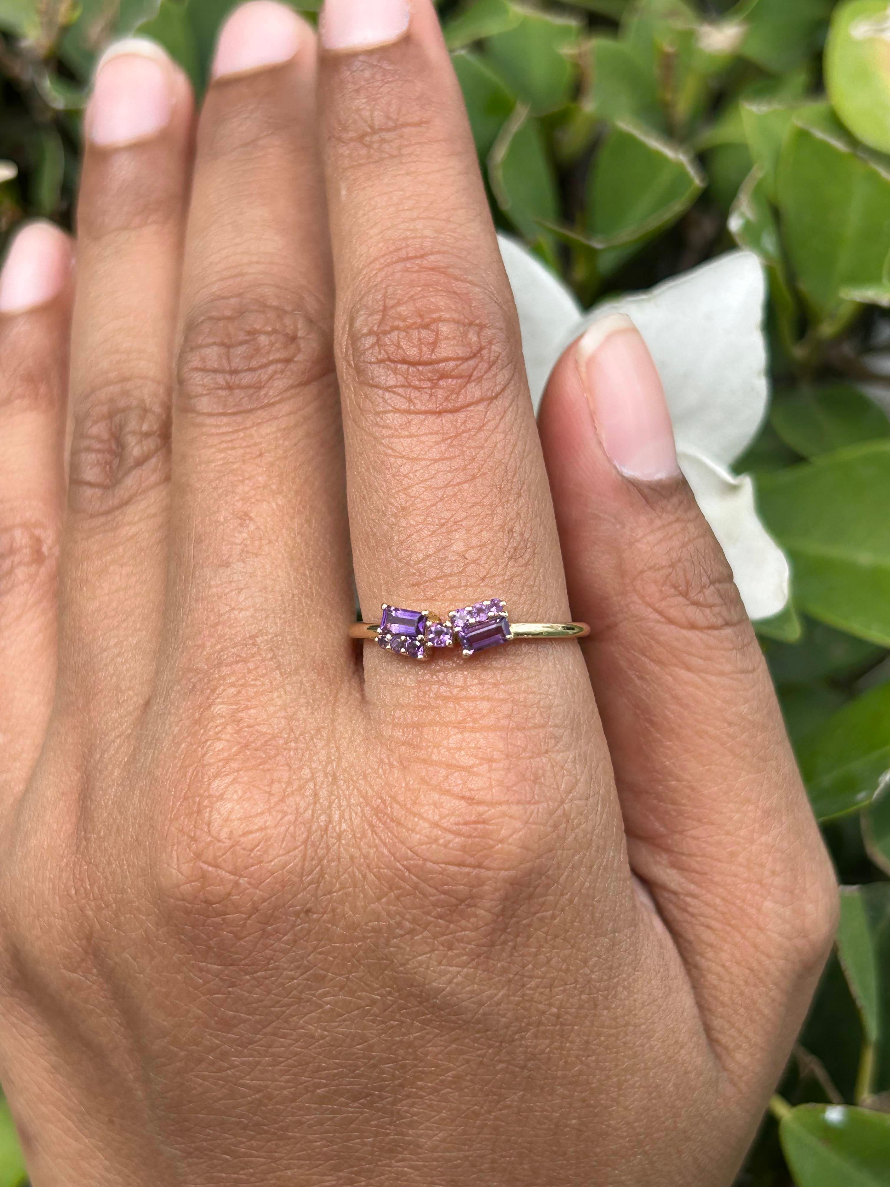 For Sale:  Everyday Wear Asymmetrical Amethyst Ring For Her in 14k Solid Yellow Gold 10