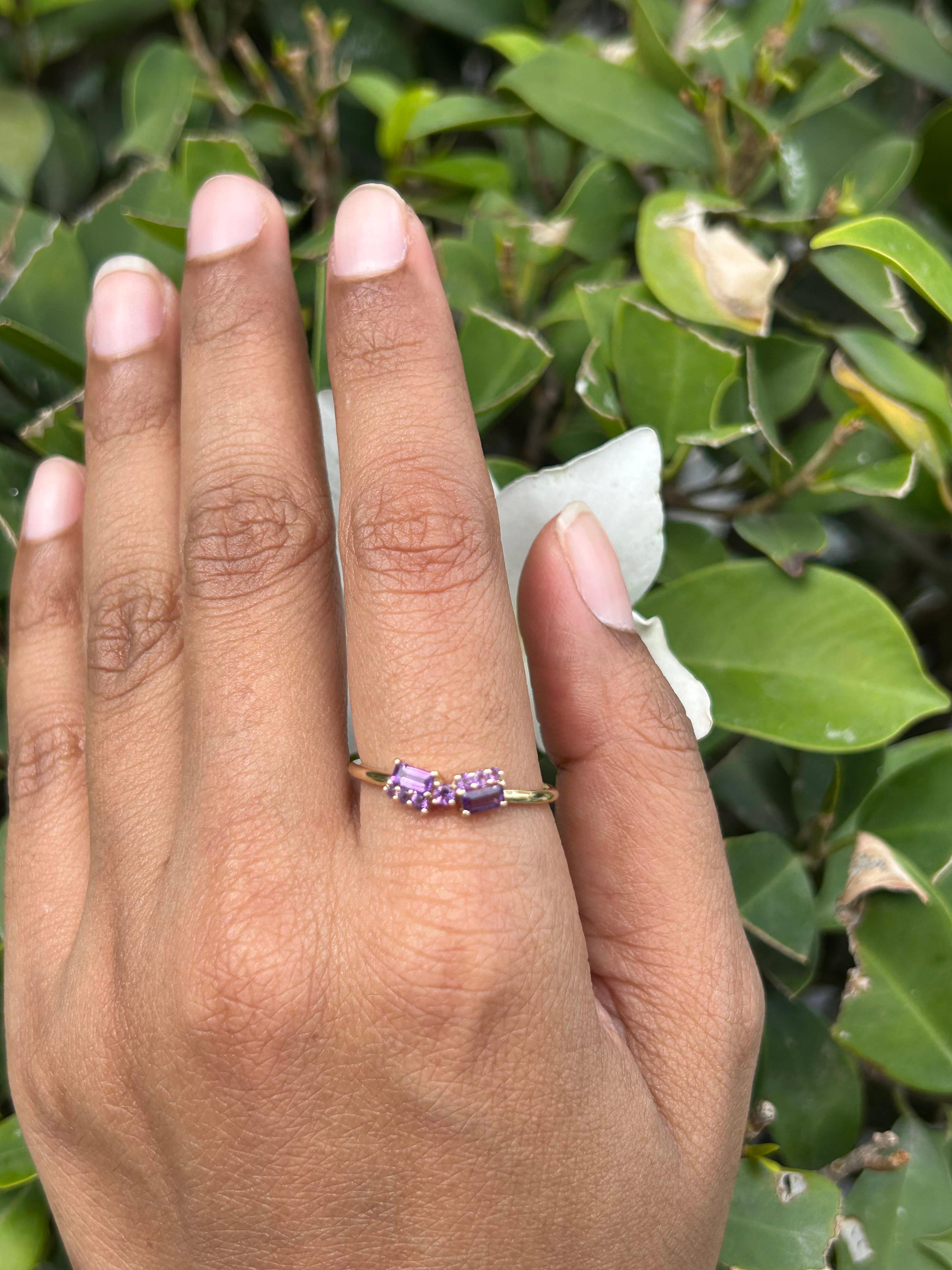 For Sale:  Everyday Wear Asymmetrical Amethyst Ring For Her in 14k Solid Yellow Gold 4