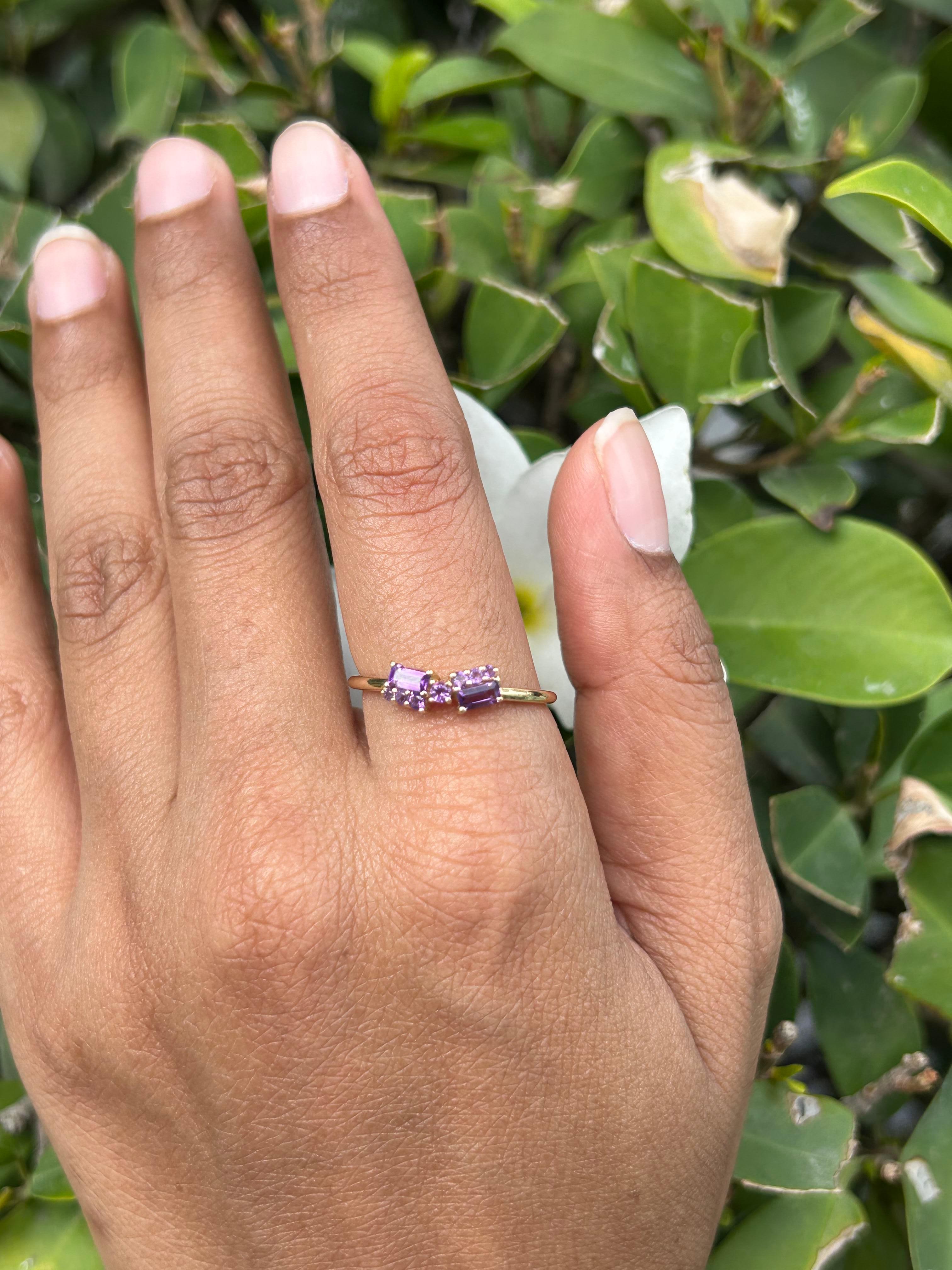 For Sale:  Everyday Wear Asymmetrical Amethyst Ring For Her in 14k Solid Yellow Gold 6