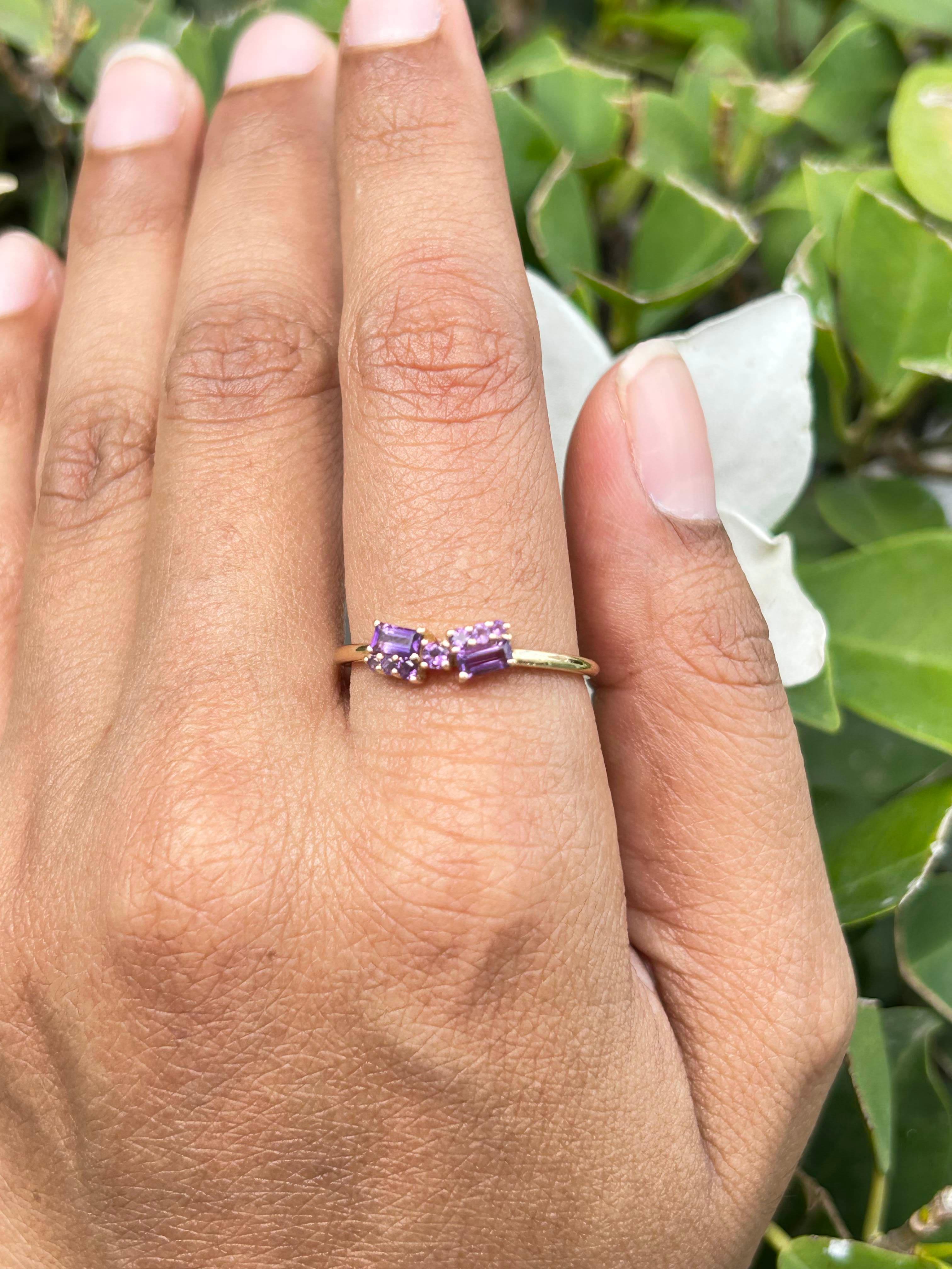 For Sale:  Everyday Wear Asymmetrical Amethyst Ring For Her in 14k Solid Yellow Gold 8