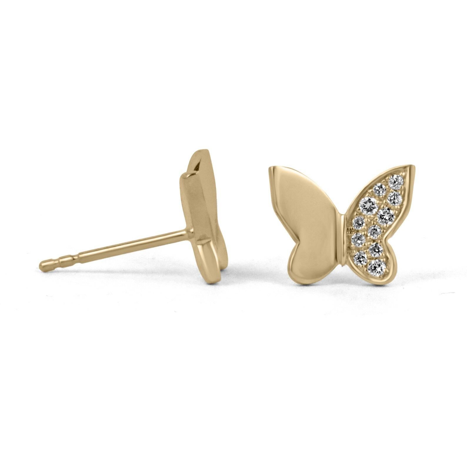 A stunning, simple, and dainty pair of diamond butterfly stud earrings. This gorgeous pair showcases 0.20-carats of natural radiating brilliant round cut diamonds, pave set within. Crafted in 14K gold, in any color of choice. The perfect gift for