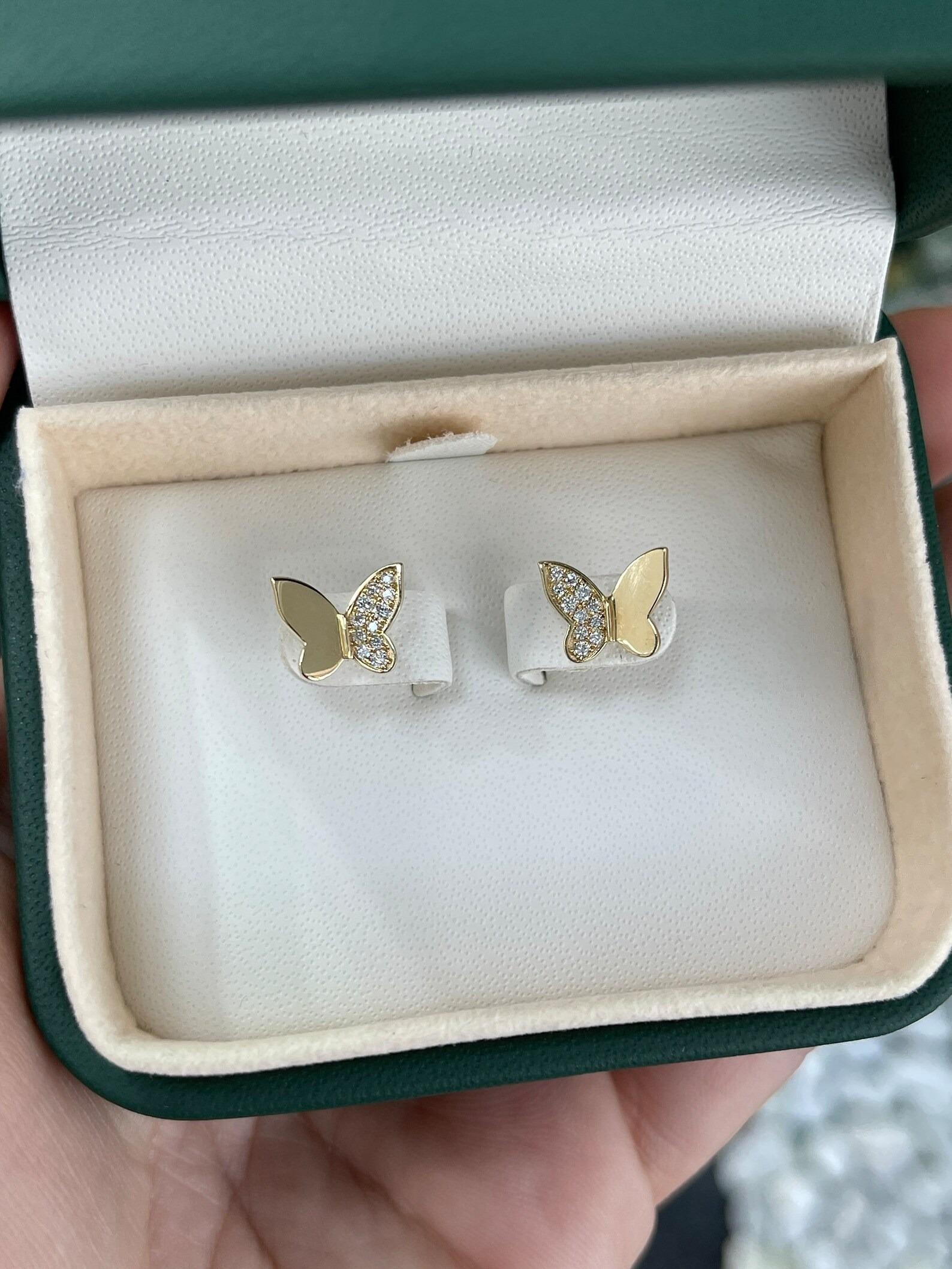 Brilliant Cut Dainty Everyday Pavé Set Butterfly Diamond Mini Stud Earrings Yellow Gold 14K For Sale