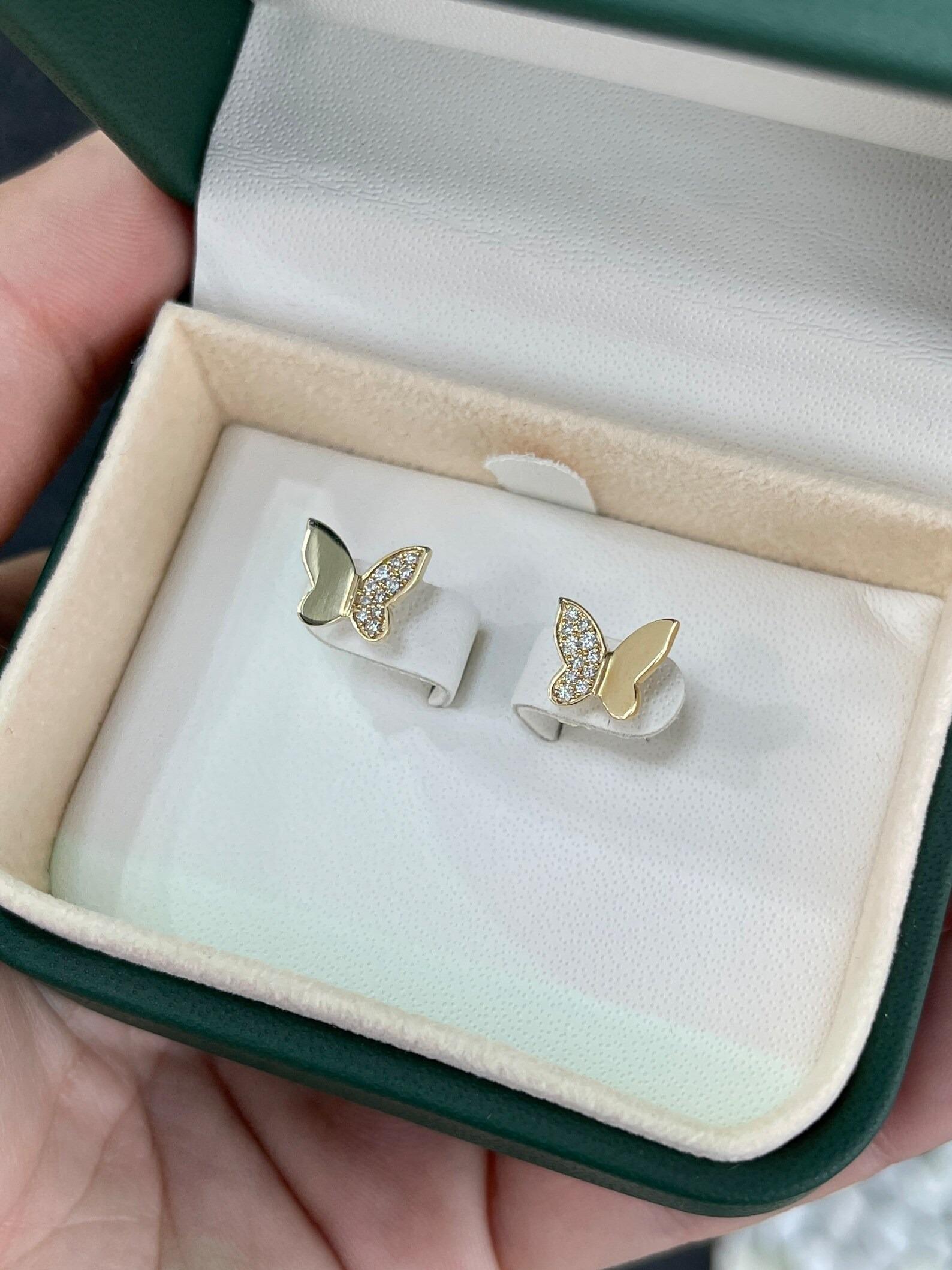 Dainty Everyday Pavé Set Butterfly Diamond Mini Stud Earrings Yellow Gold 14K In New Condition For Sale In Jupiter, FL