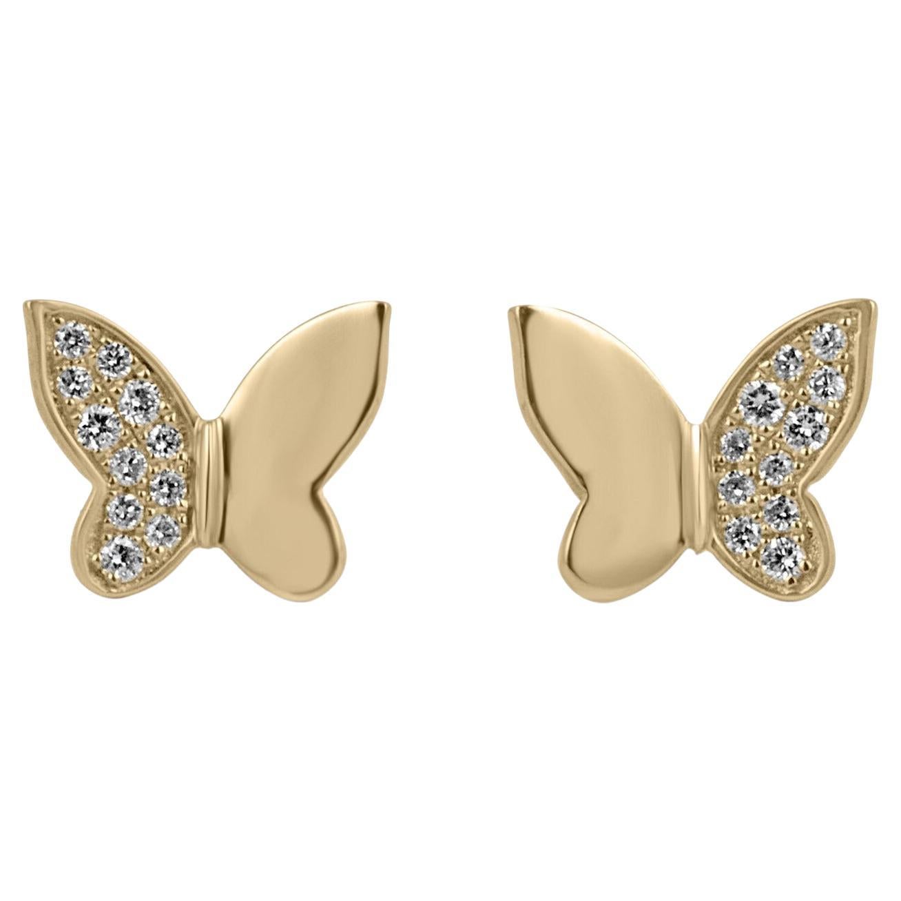 Dainty Everyday Pavé Set Butterfly Diamond Mini Stud Earrings Yellow Gold 14K