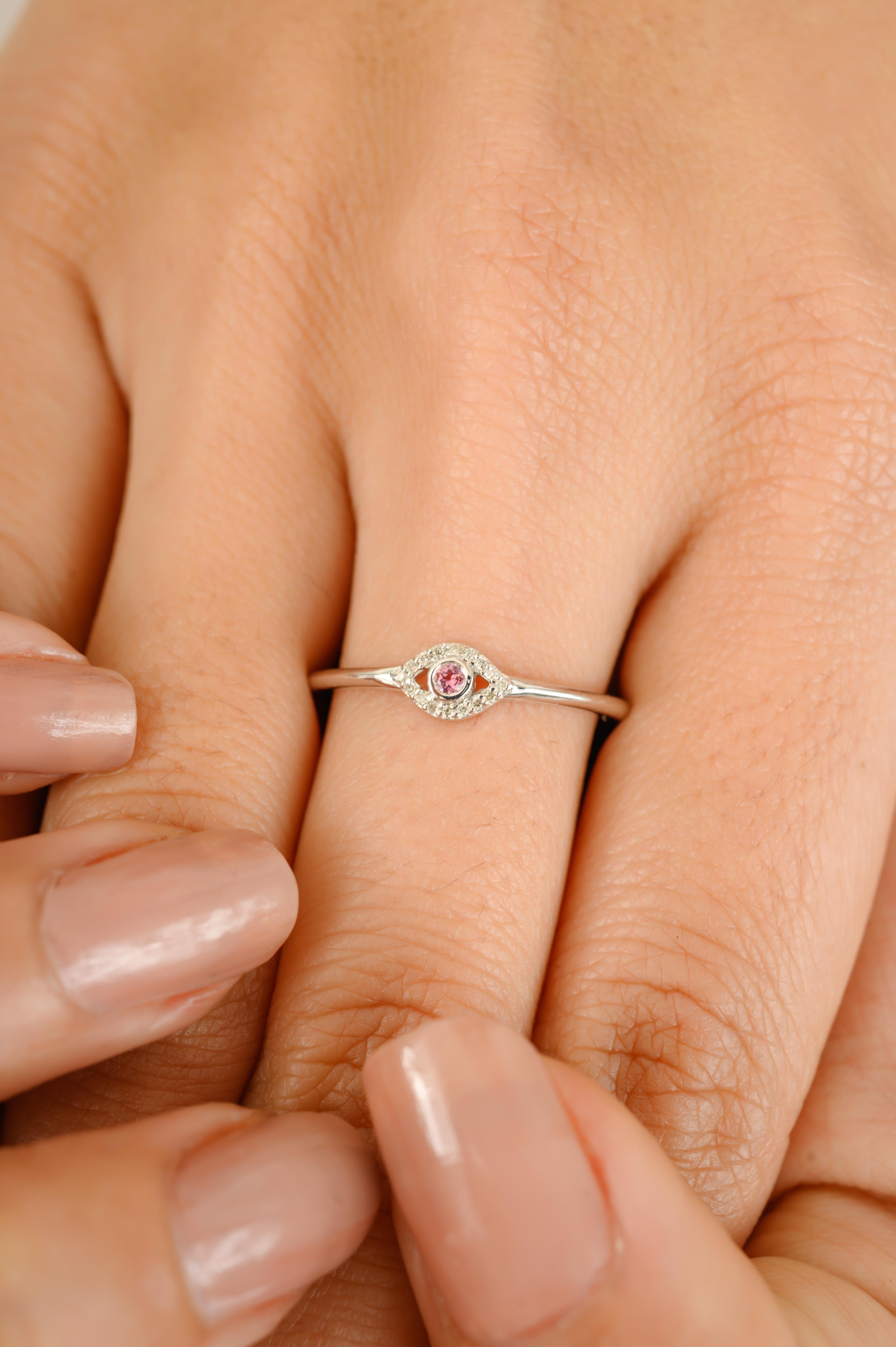 For Sale:  Dainty Evil Eye Ring in 18K Solid White Gold with Pink Tourmaline & Diamond Halo 10