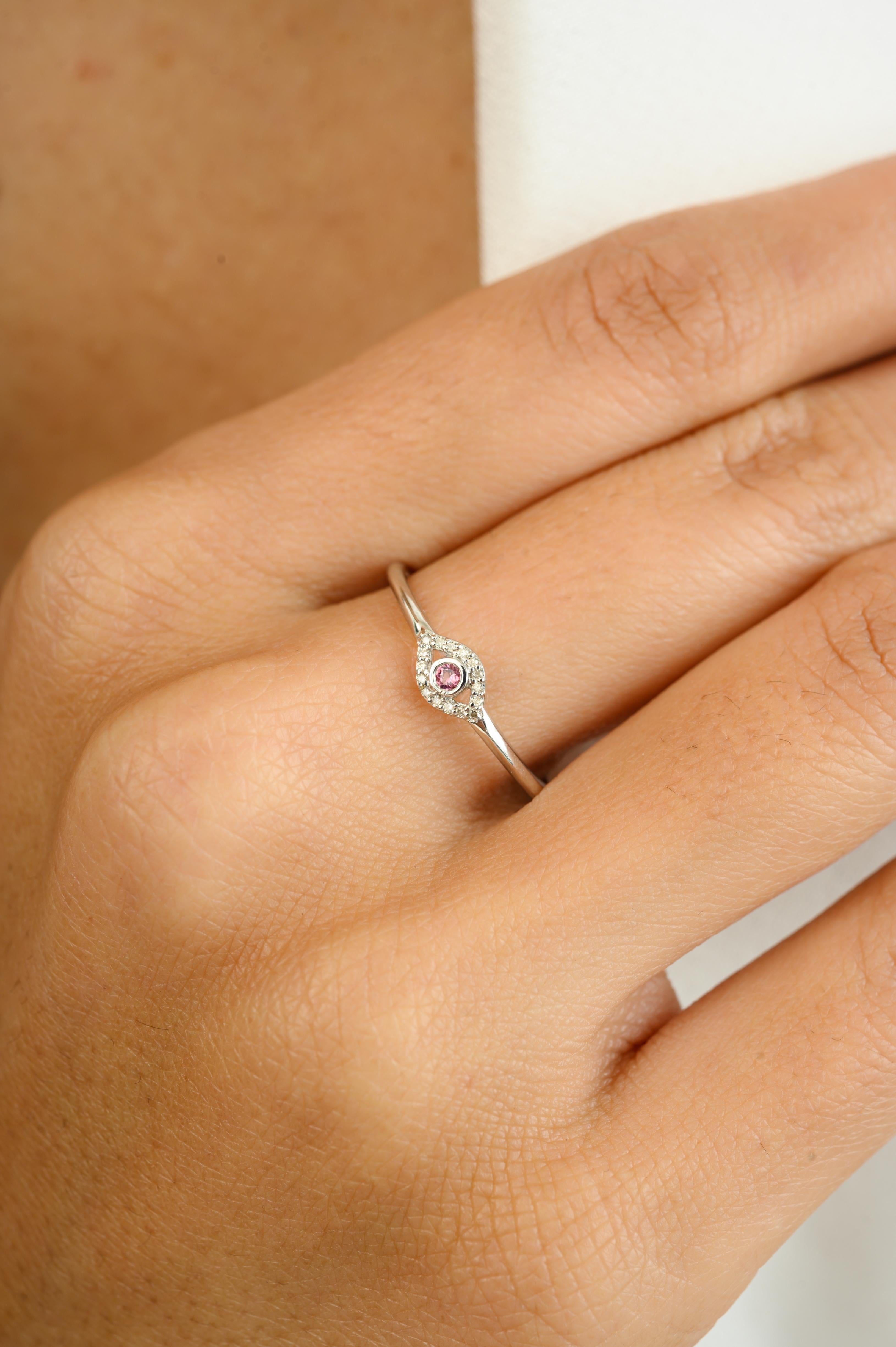 For Sale:  Dainty Evil Eye Ring in 18K Solid White Gold with Pink Tourmaline & Diamond Halo 11
