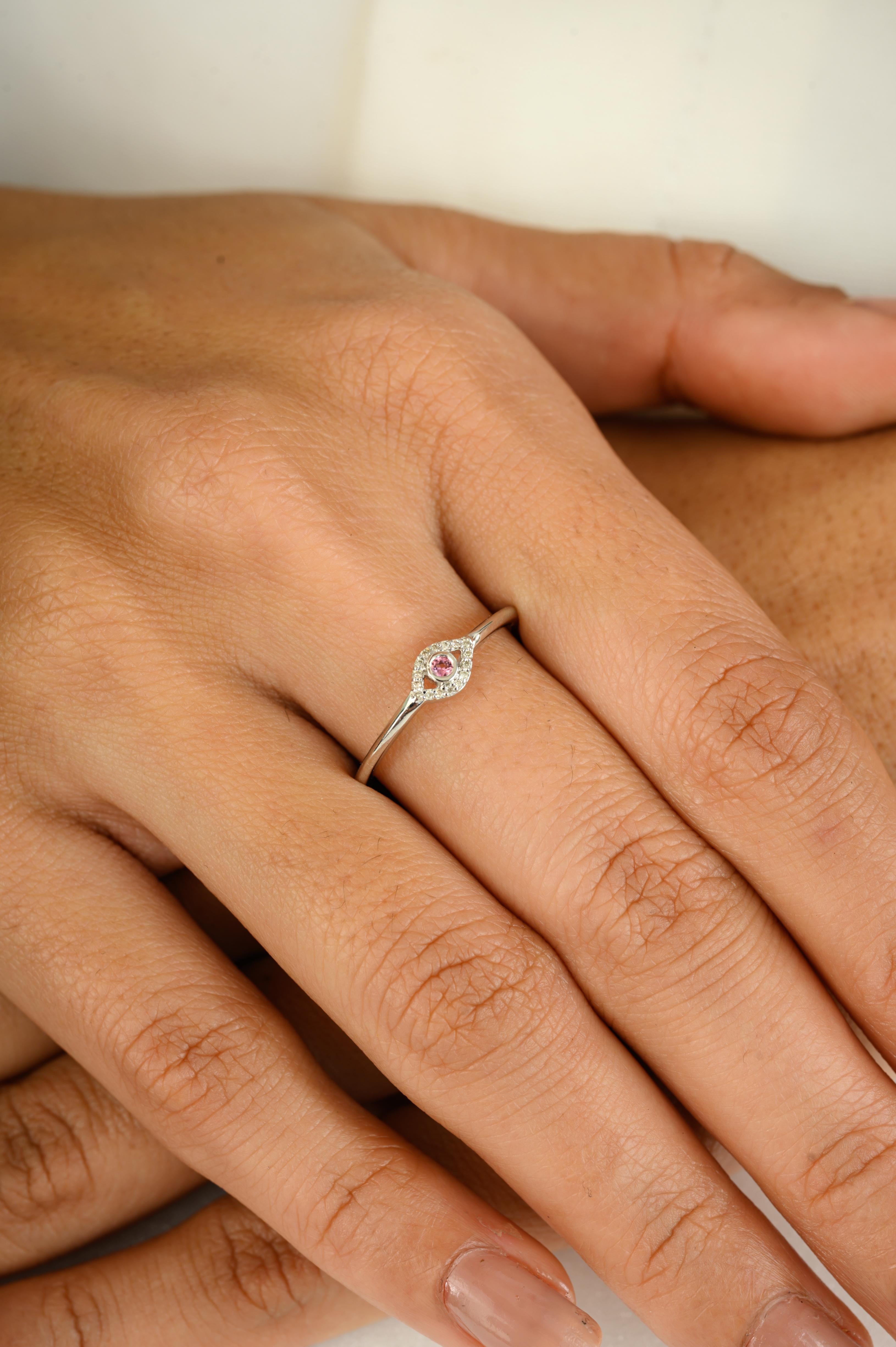 For Sale:  Dainty Evil Eye Ring in 18K Solid White Gold with Pink Tourmaline & Diamond Halo 12