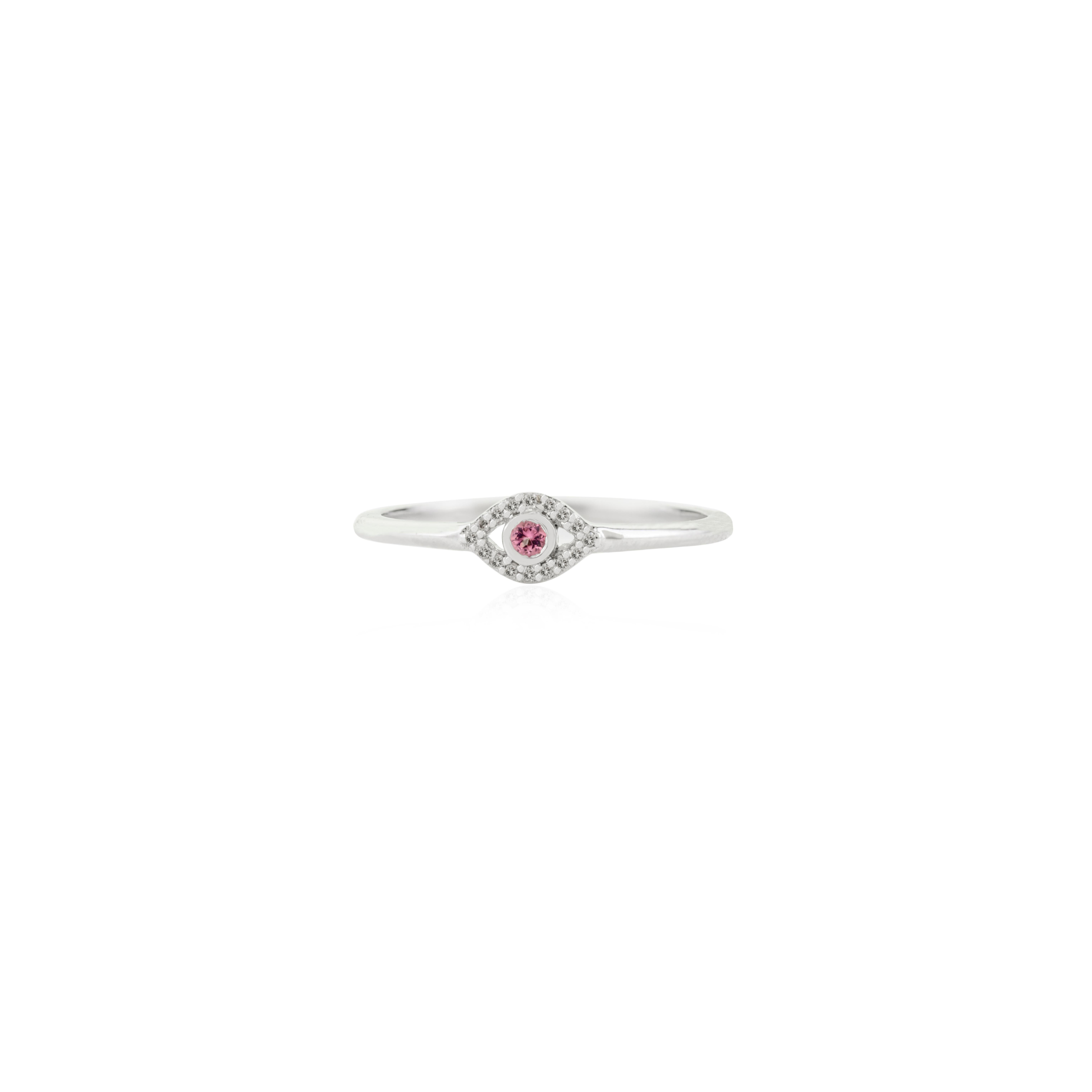 For Sale:  Dainty Evil Eye Ring in 18K Solid White Gold with Pink Tourmaline & Diamond Halo 5