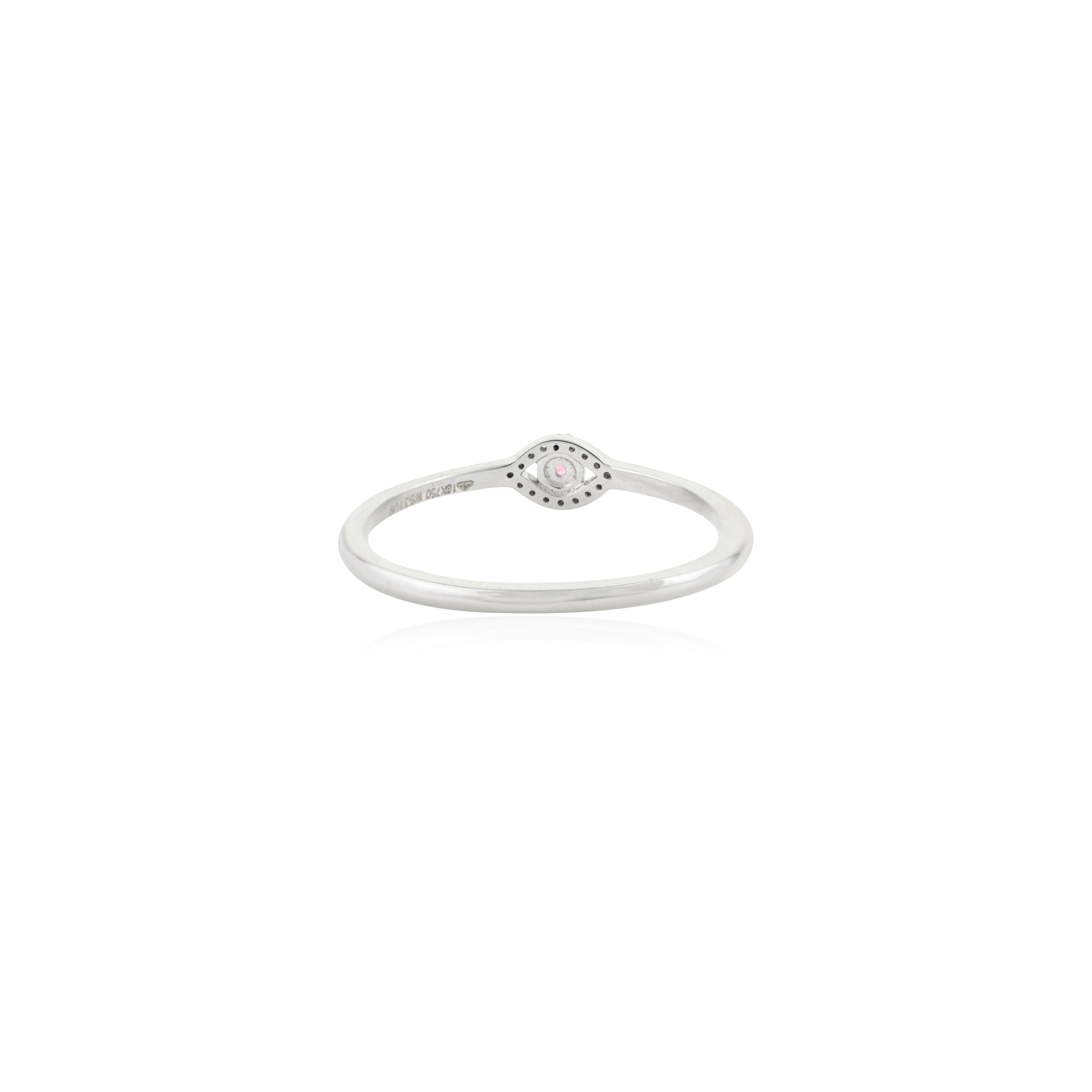 For Sale:  Dainty Evil Eye Ring in 18K Solid White Gold with Pink Tourmaline & Diamond Halo 7