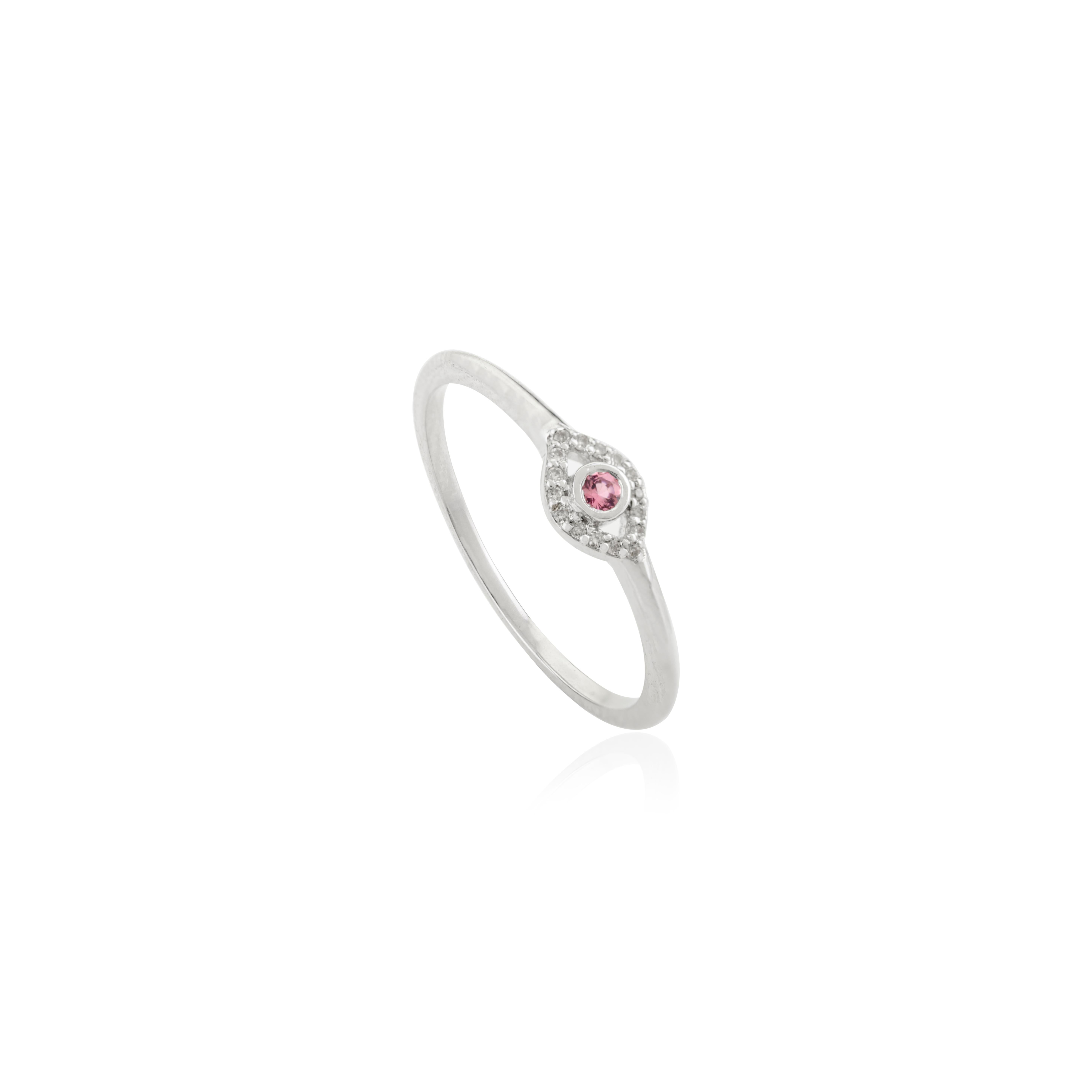 For Sale:  Dainty Evil Eye Ring in 18K Solid White Gold with Pink Tourmaline & Diamond Halo 8