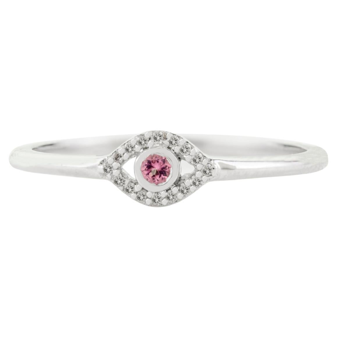 Dainty Evil Eye Ring in 18K Solid White Gold with Pink Tourmaline & Diamond Halo