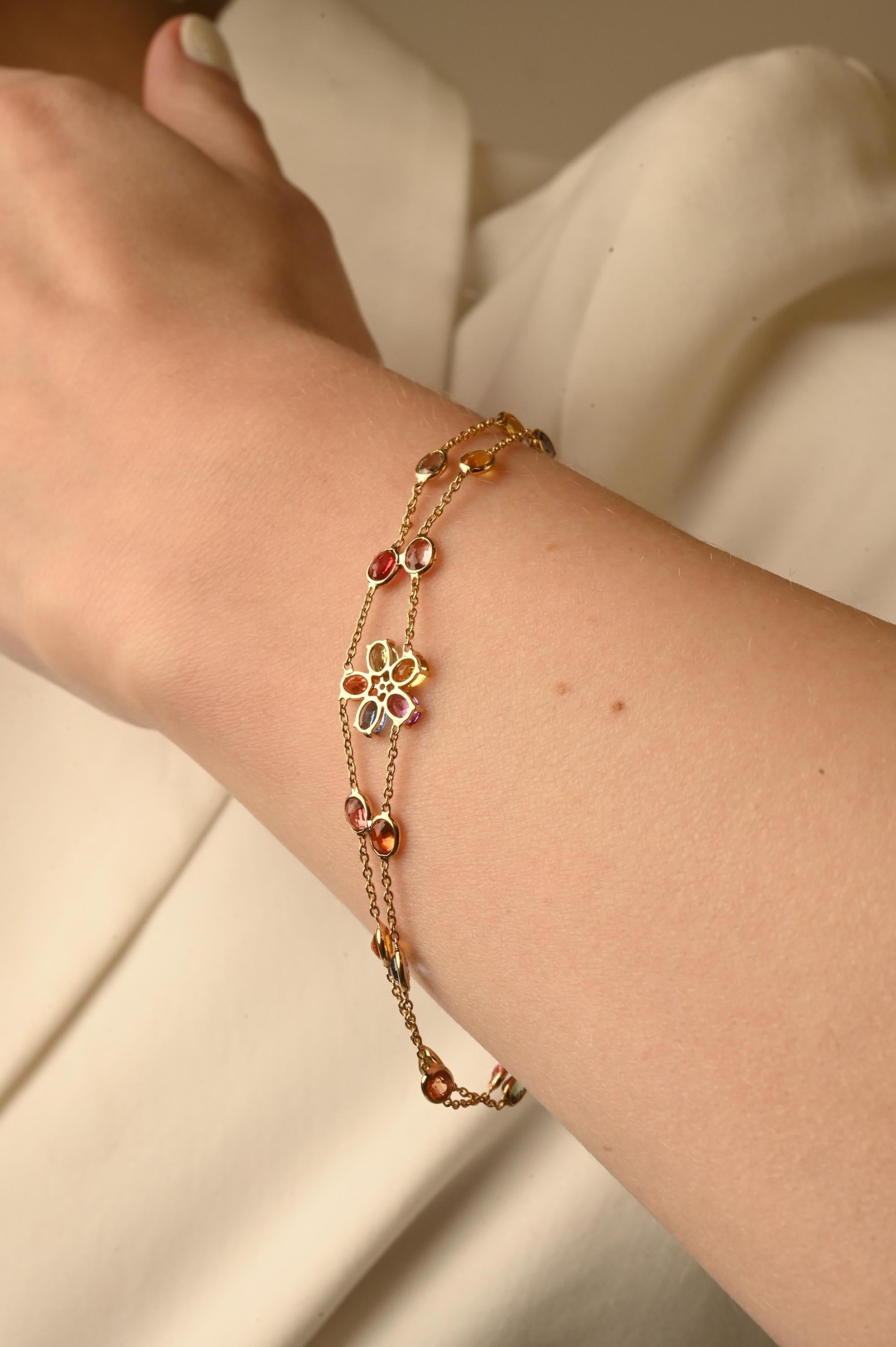 Dainty Flower Double Chain 18 Karat Multi Sapphire Diamond Bracelet for Her For Sale 2