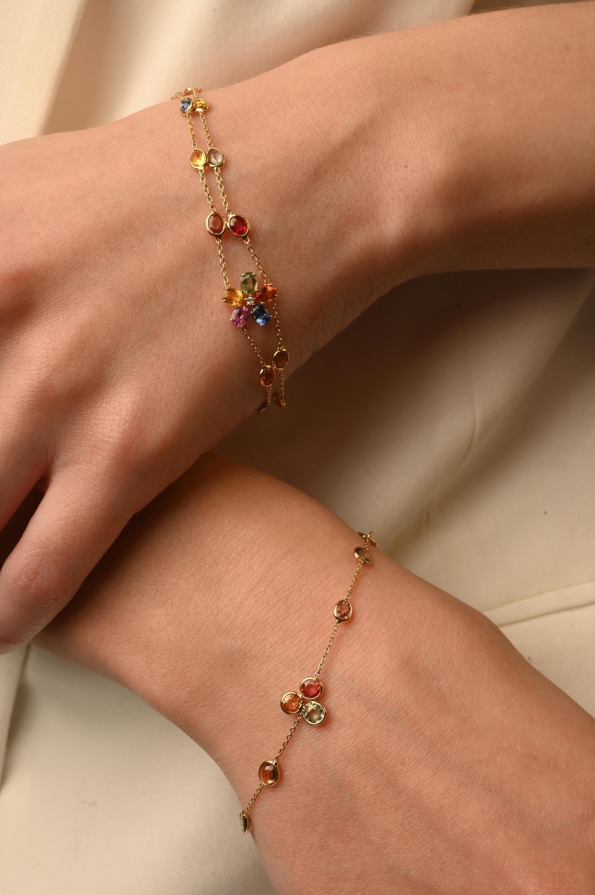 Dainty Flower Double Chain 18 Karat Multi Sapphire Diamond Bracelet for Her For Sale 3