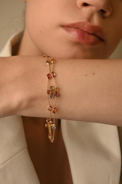 Dainty Flower Double Chain 18 Karat Multi Sapphire Diamond Bracelet for Her