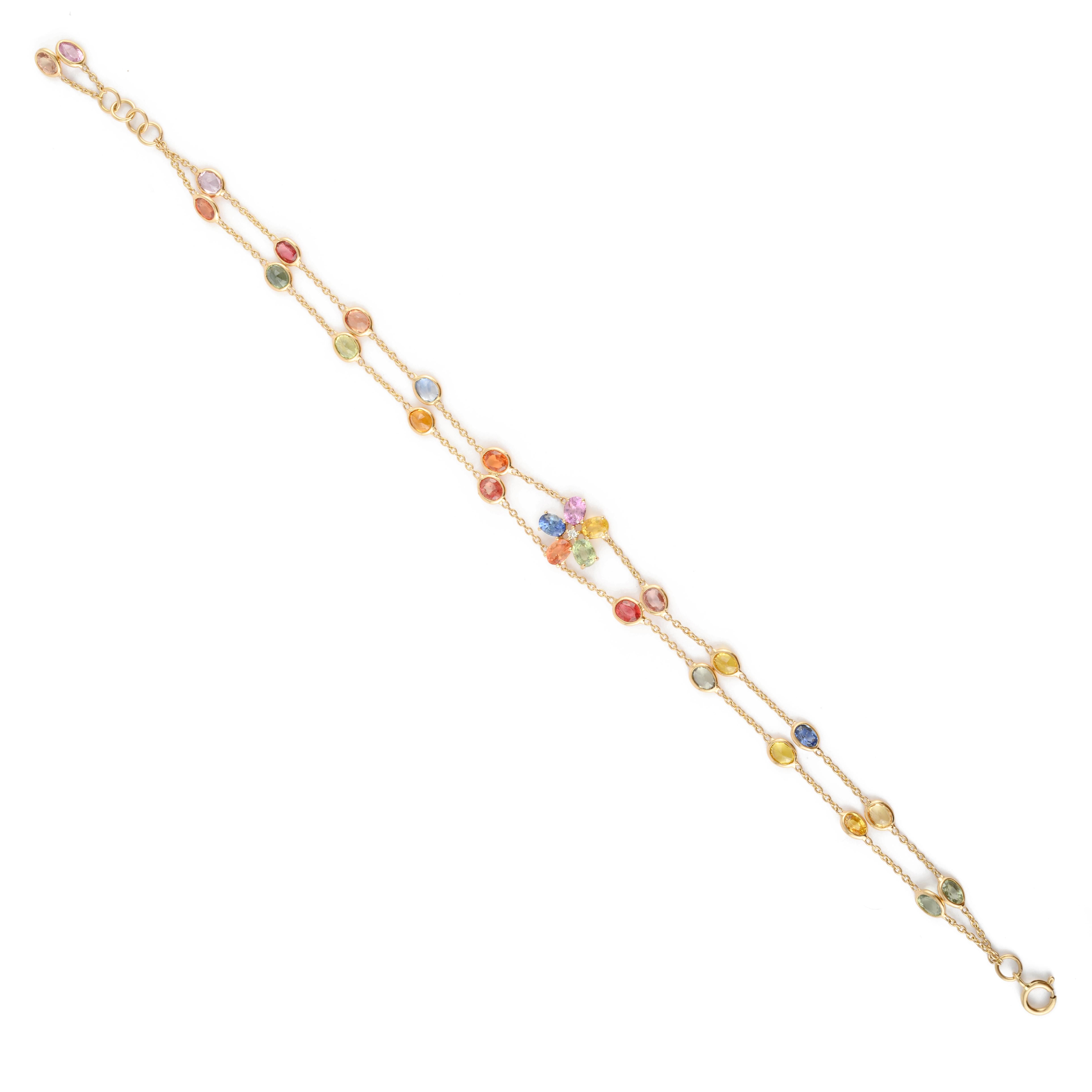 Zitronenblumen-Doppelkette 18 Karat Multi Saphir-Diamant-Armband für sie (Ovalschliff) im Angebot