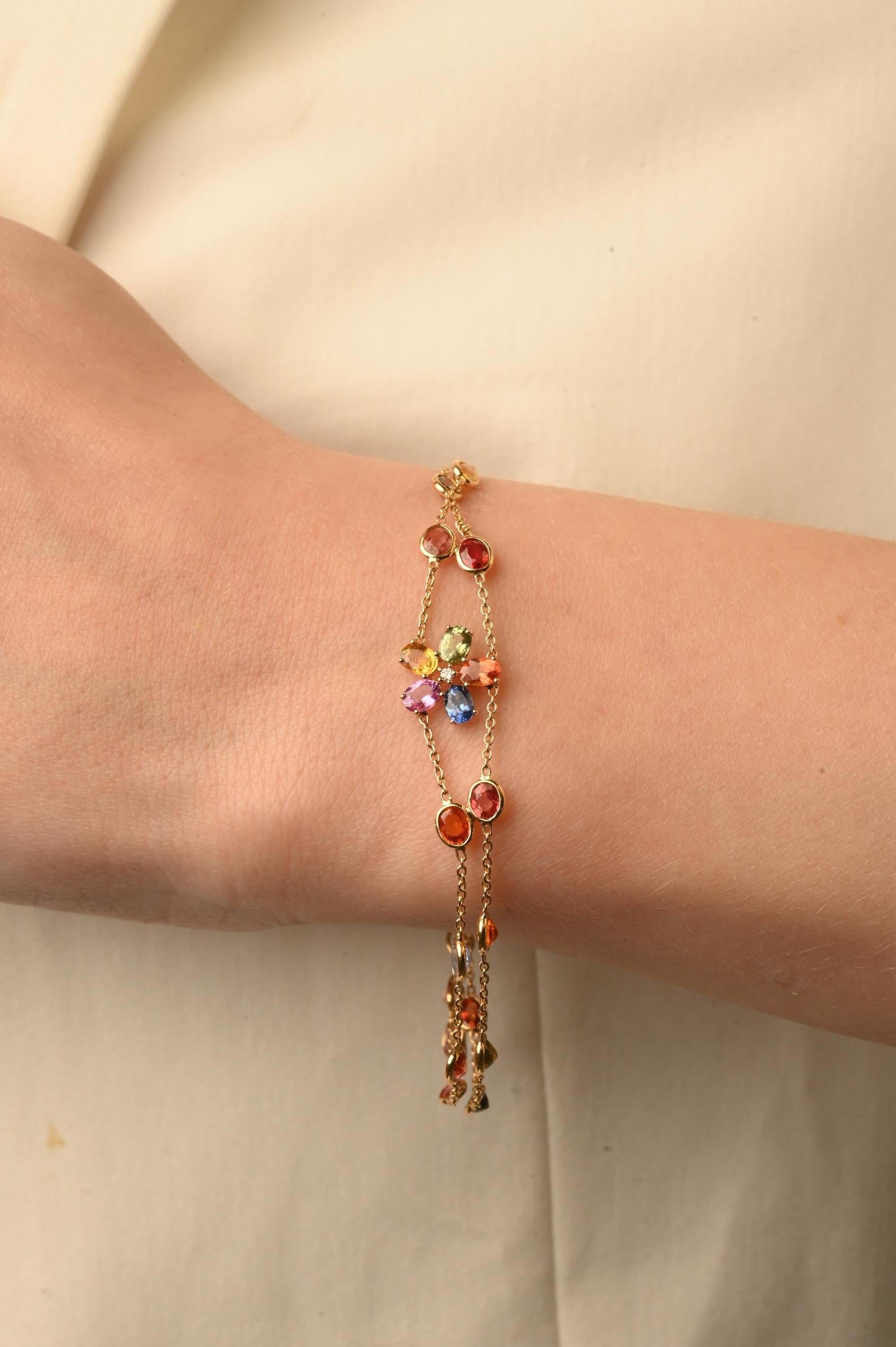Modern Dainty Flower Double Chain 18 Karat Multi Sapphire Diamond Bracelet for Her For Sale