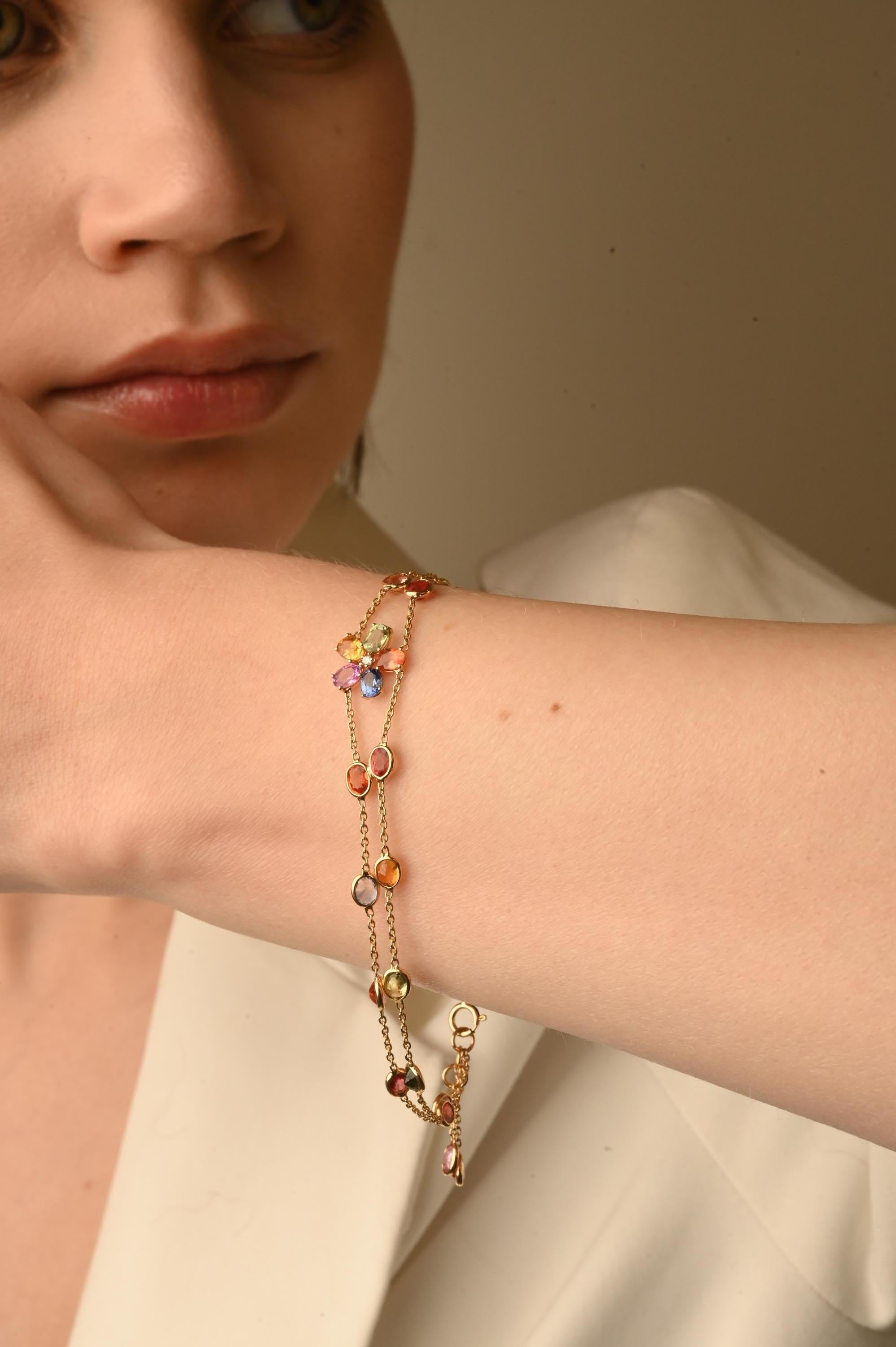 Dainty Flower Double Chain 18 Karat Multi Sapphire Diamond Bracelet for Her For Sale 1