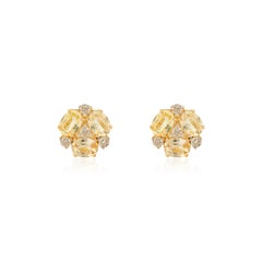 Dainty Flower Yellow Sapphire and Diamond Cluster Stud Earrings in 14k Gold
