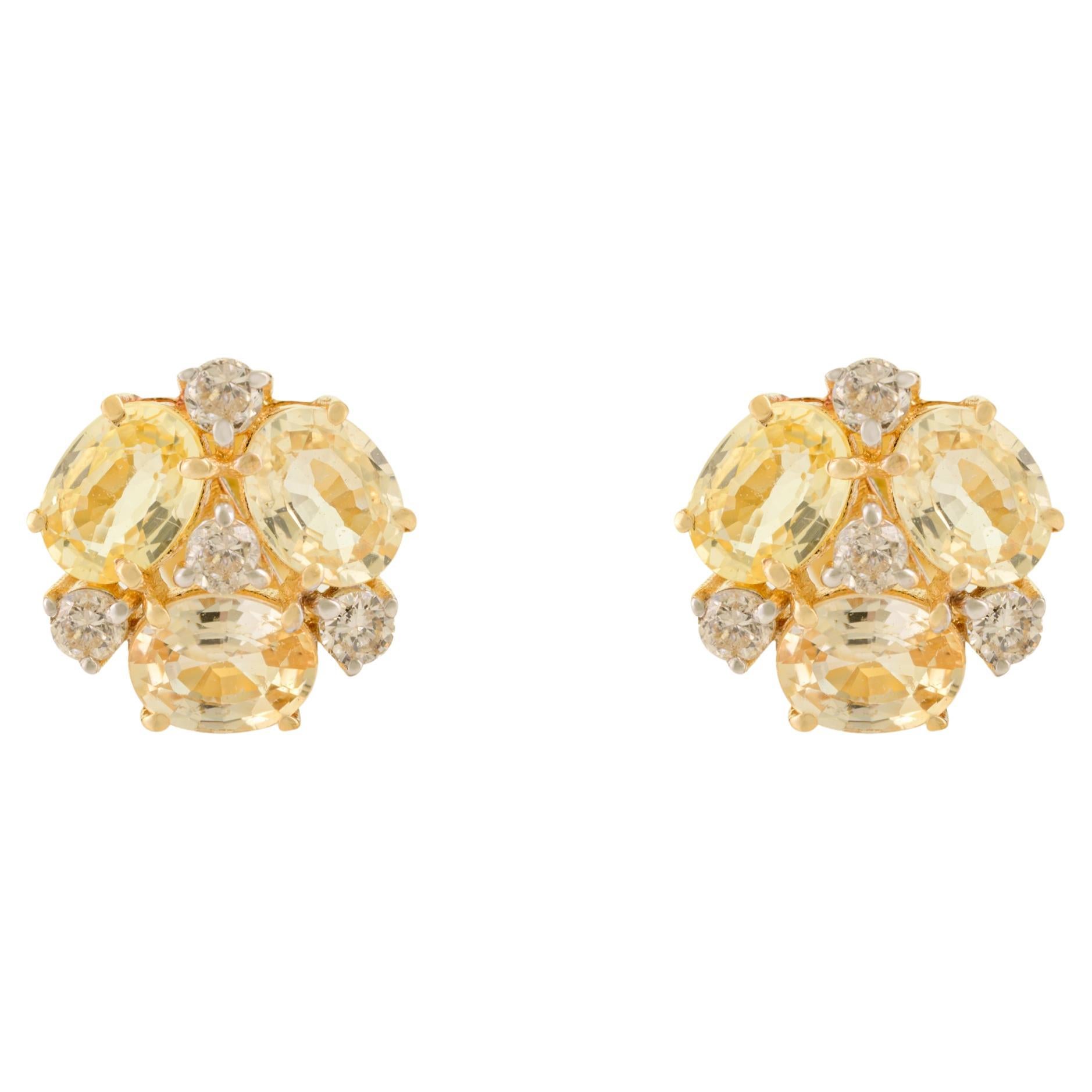 Boucles d'oreilles en or 14k avec fleurs en saphir jaune et diamants en vente