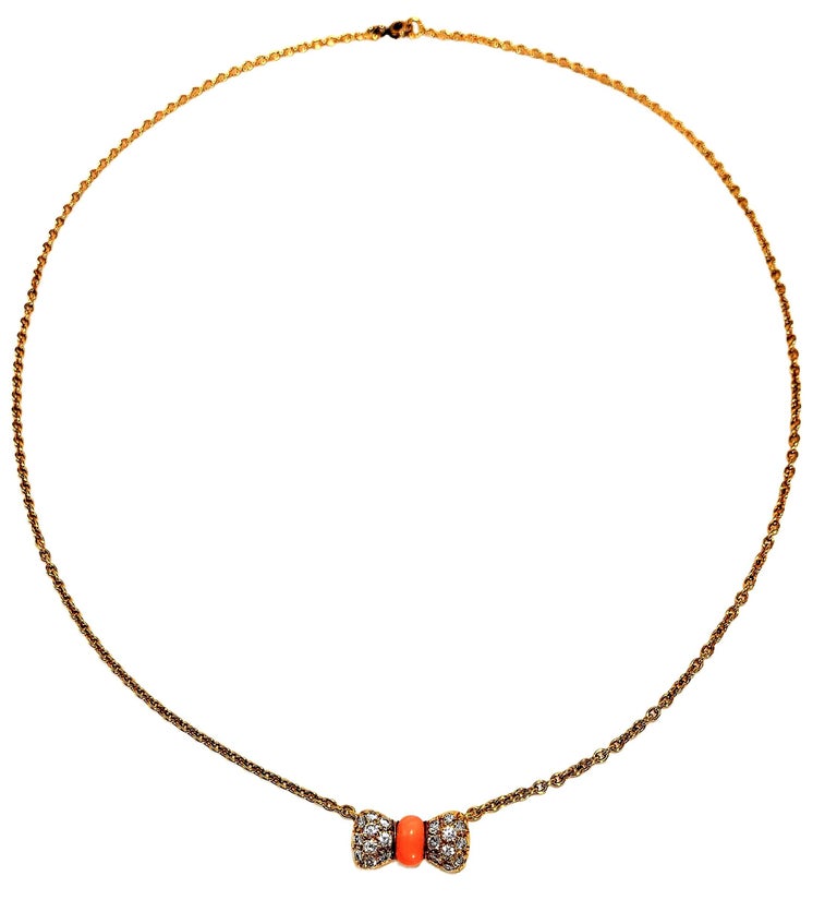 Dainty, French, VCA 18K Yellow Gold Diamond and Angel Skin Coral Bow Necklace For Sale at 1stDibs