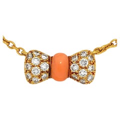 Dainty, French, VCA 18K Yellow Gold Diamond and Angel Skin Coral Bow Necklace