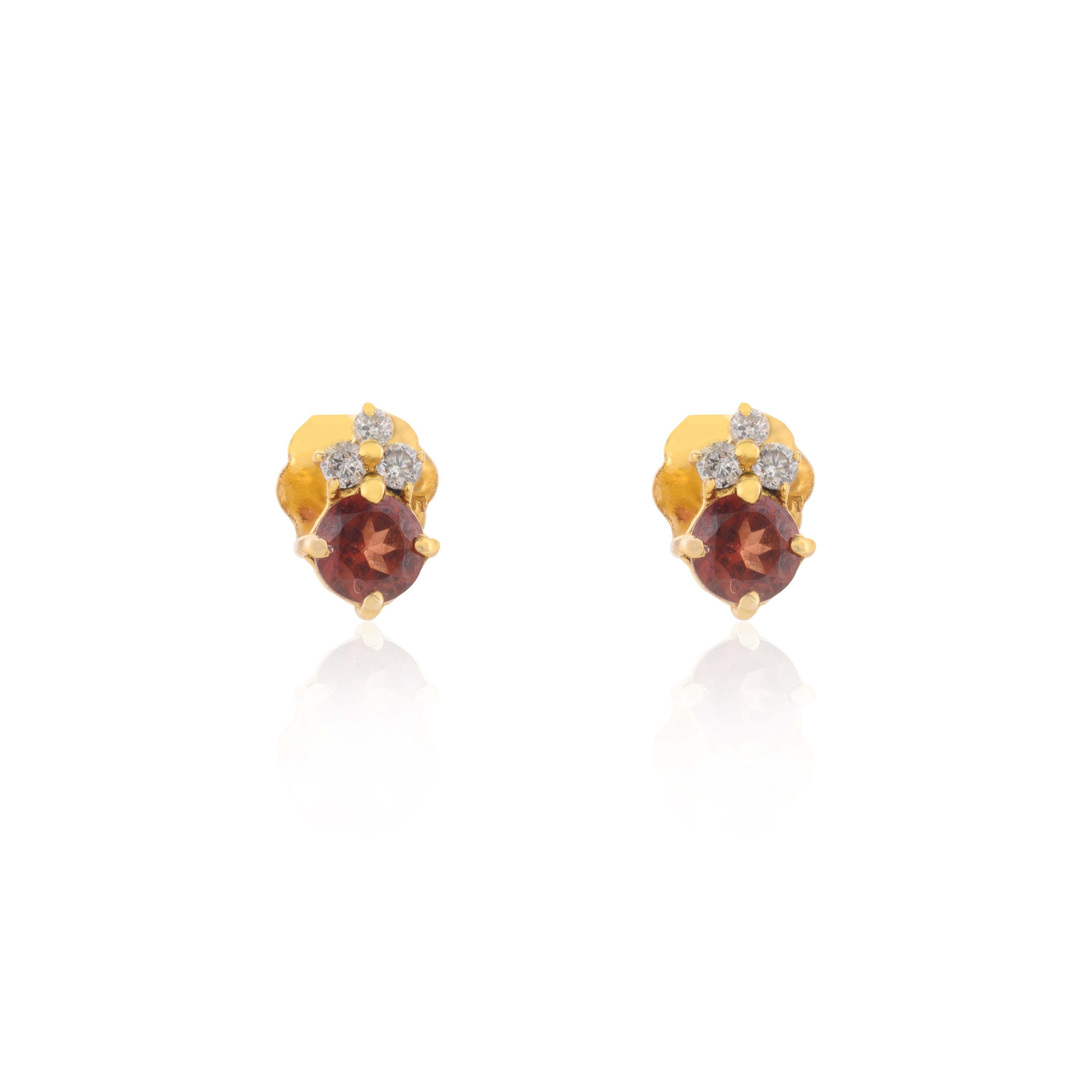 Art Deco Dainty Garnet and Diamond Pushback Stud Earrings 14k Solid Yellow Gold for Her For Sale