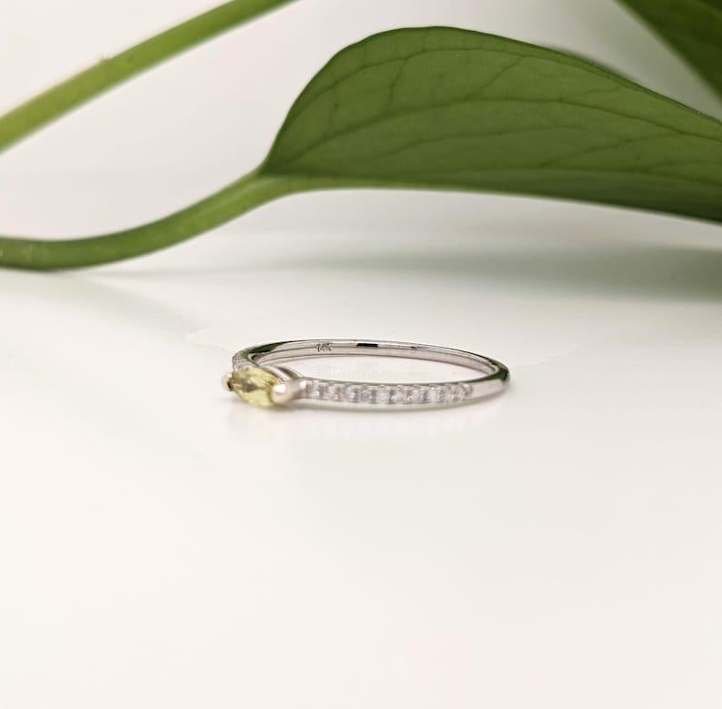 Marquise Cut Dainty Green Sapphire Ring with Diamonds in 14k White Gold Marquise Gemstone