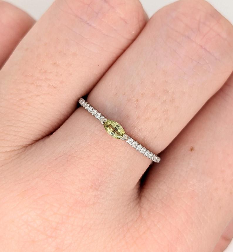 Women's Dainty Green Sapphire Ring with Diamonds in 14k White Gold Marquise Gemstone