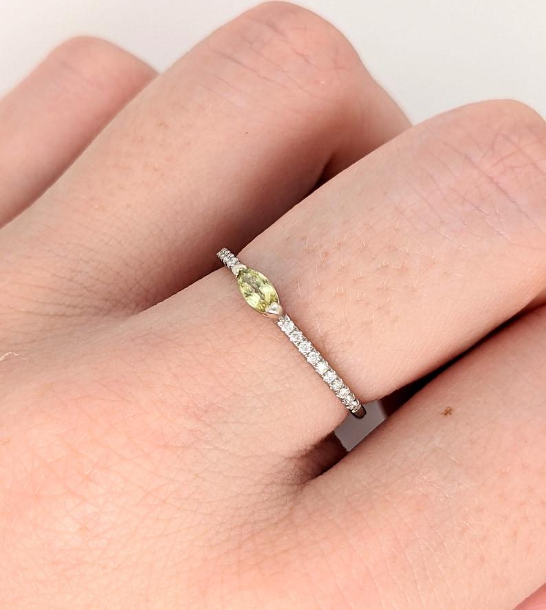 Dainty Green Sapphire Ring with Diamonds in 14k White Gold Marquise Gemstone For Sale 1