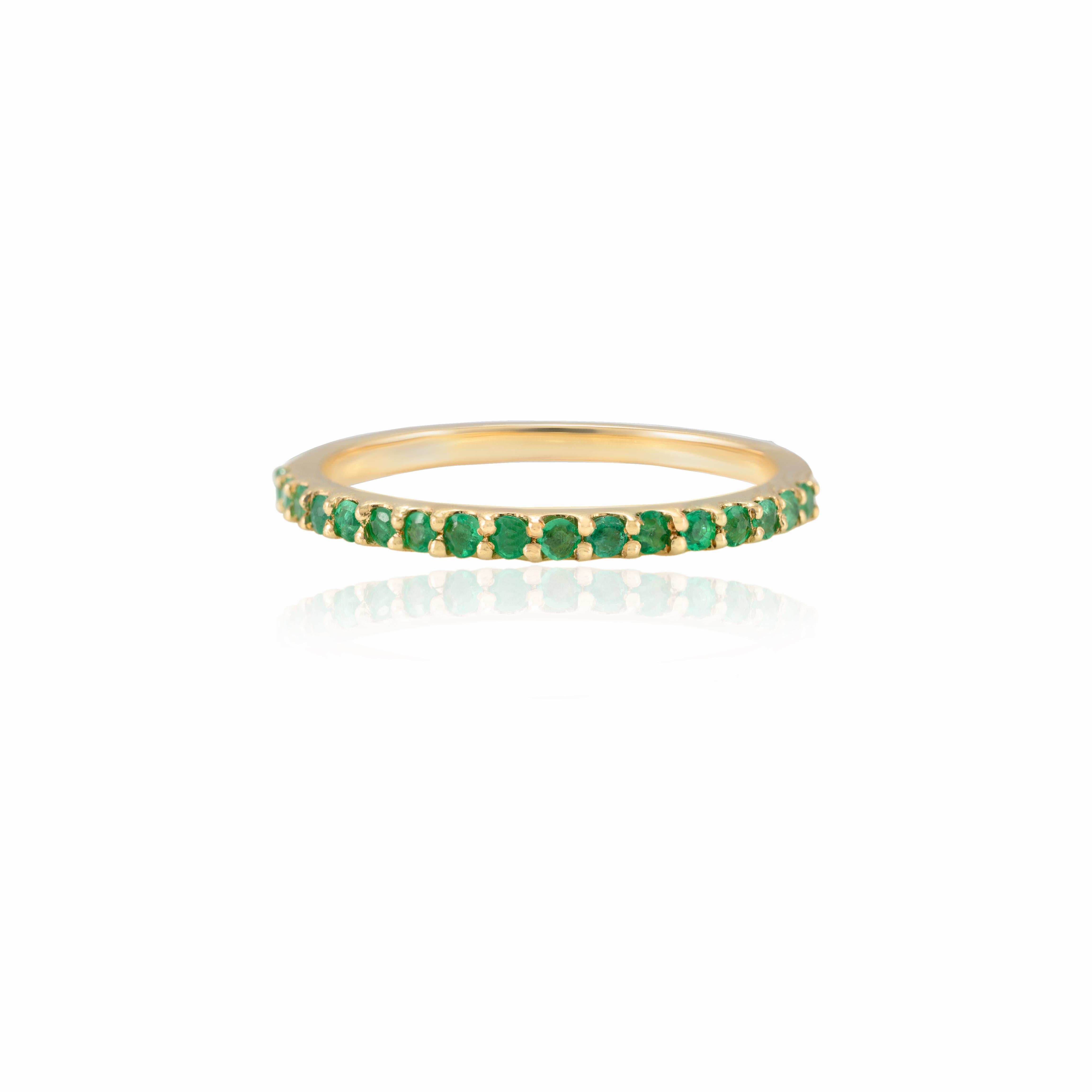 For Sale:  Dainty Half Eternity Emerald Gemstone Stacking Band 18k Solid Yellow Gold 6