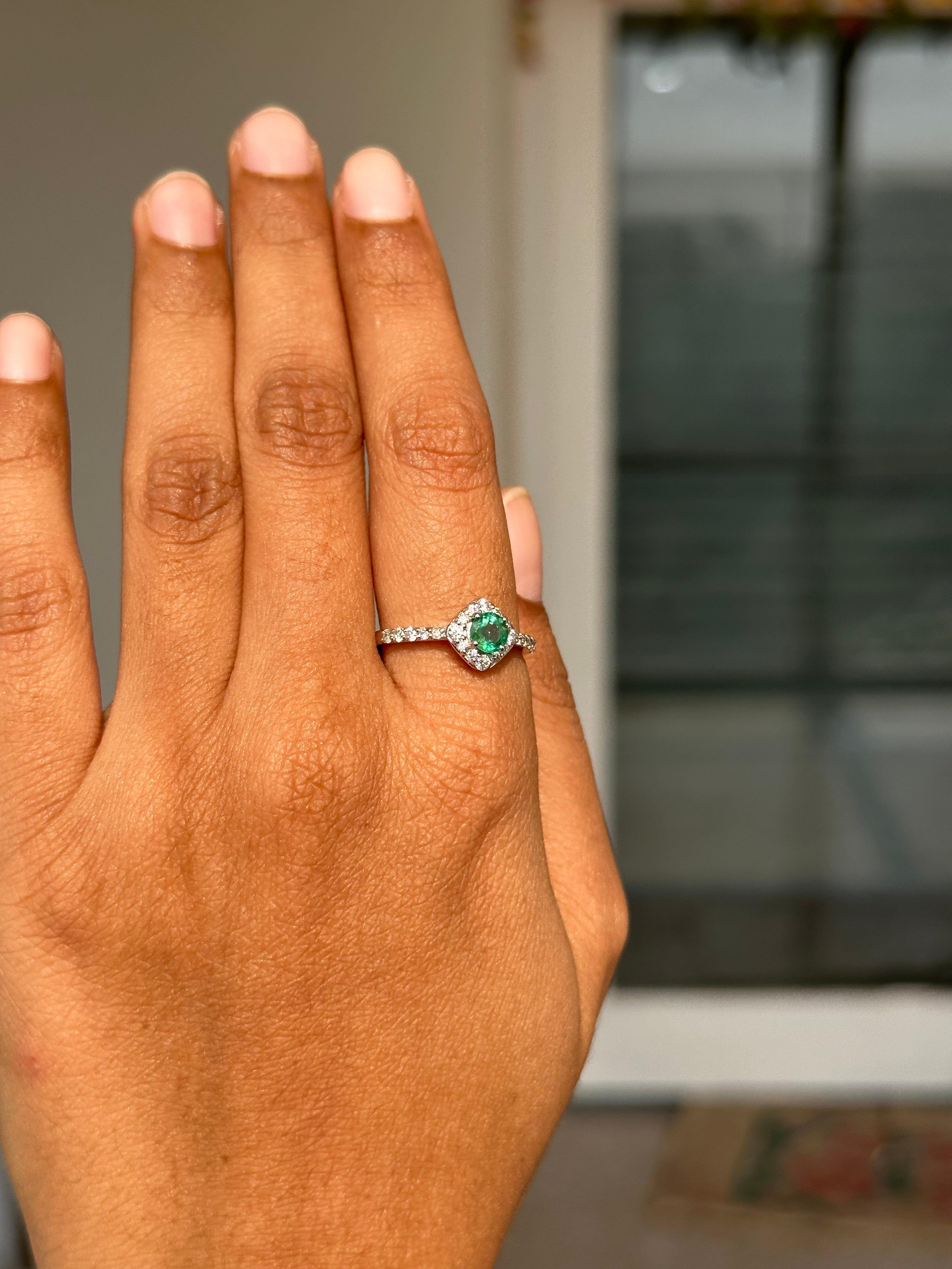 For Sale:  Dainty Halo Diamond Emerald Ring Handcrafted in 14k Solid White Gold 12