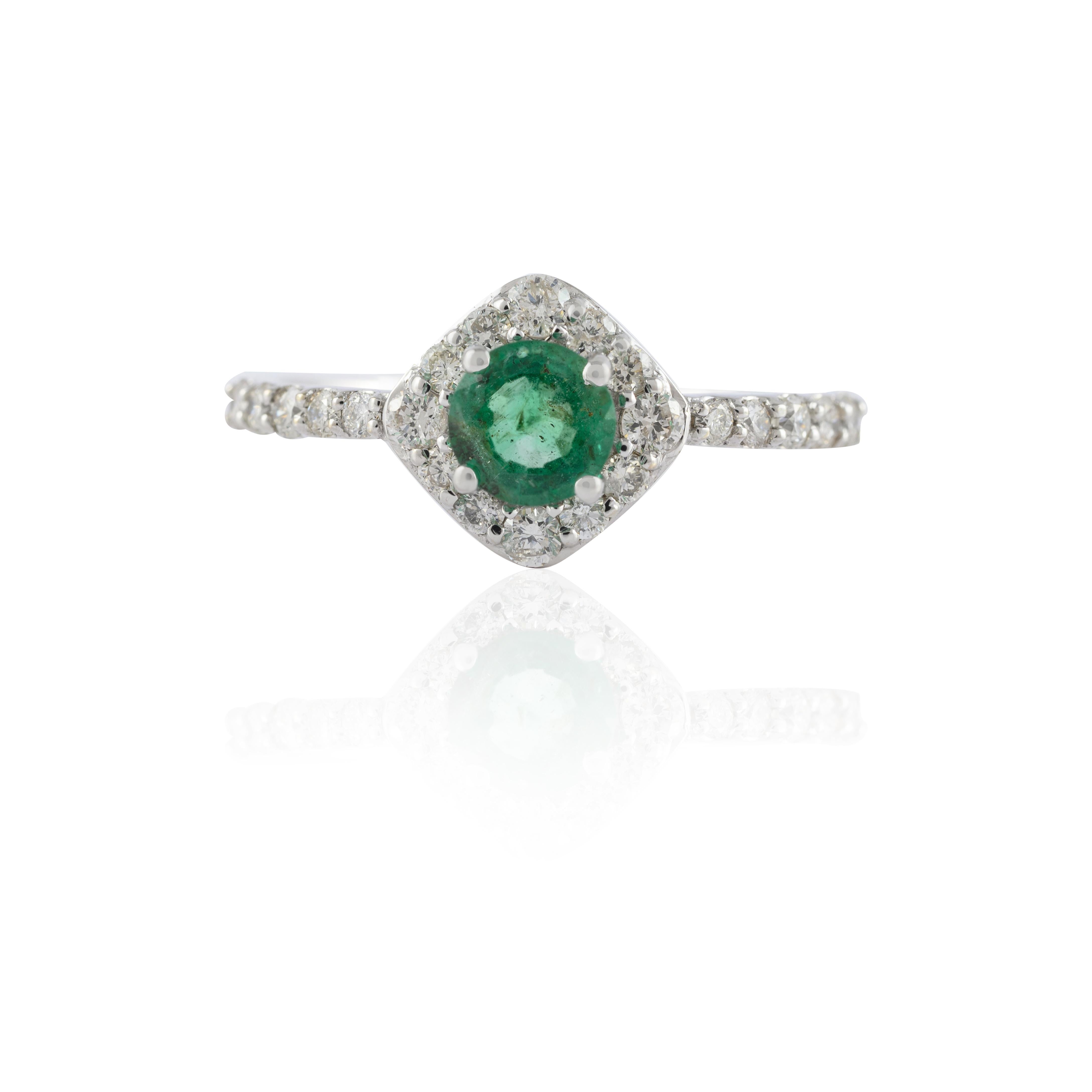 For Sale:  Dainty Halo Diamond Emerald Ring Handcrafted in 14k Solid White Gold 2