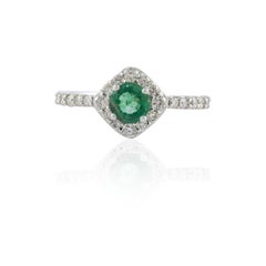 Dainty Halo Diamond Emerald Ring Handcrafted in 14k Solid White Gold