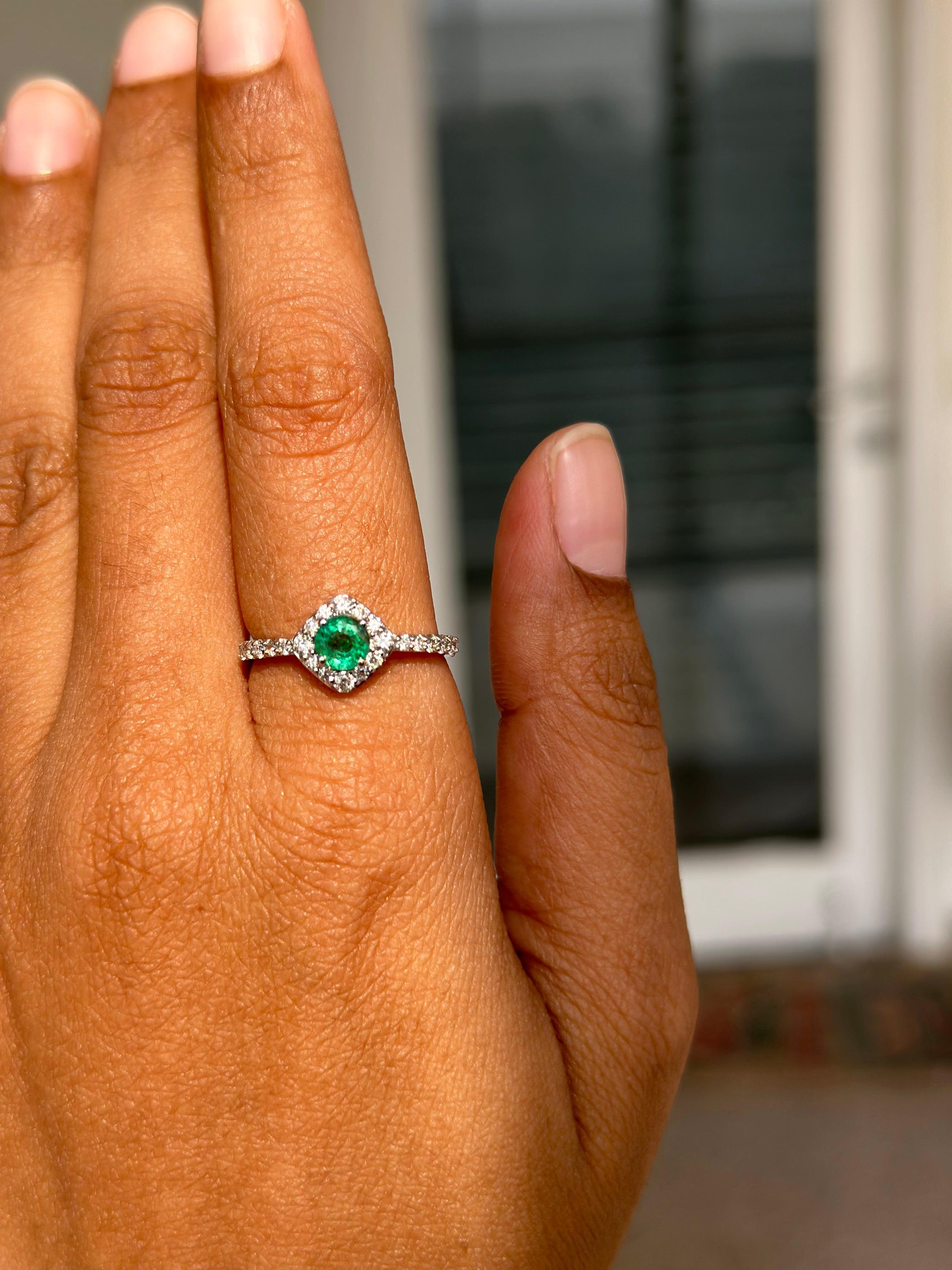 For Sale:  Dainty Halo Diamond Emerald Ring Handcrafted in 14k Solid White Gold 3