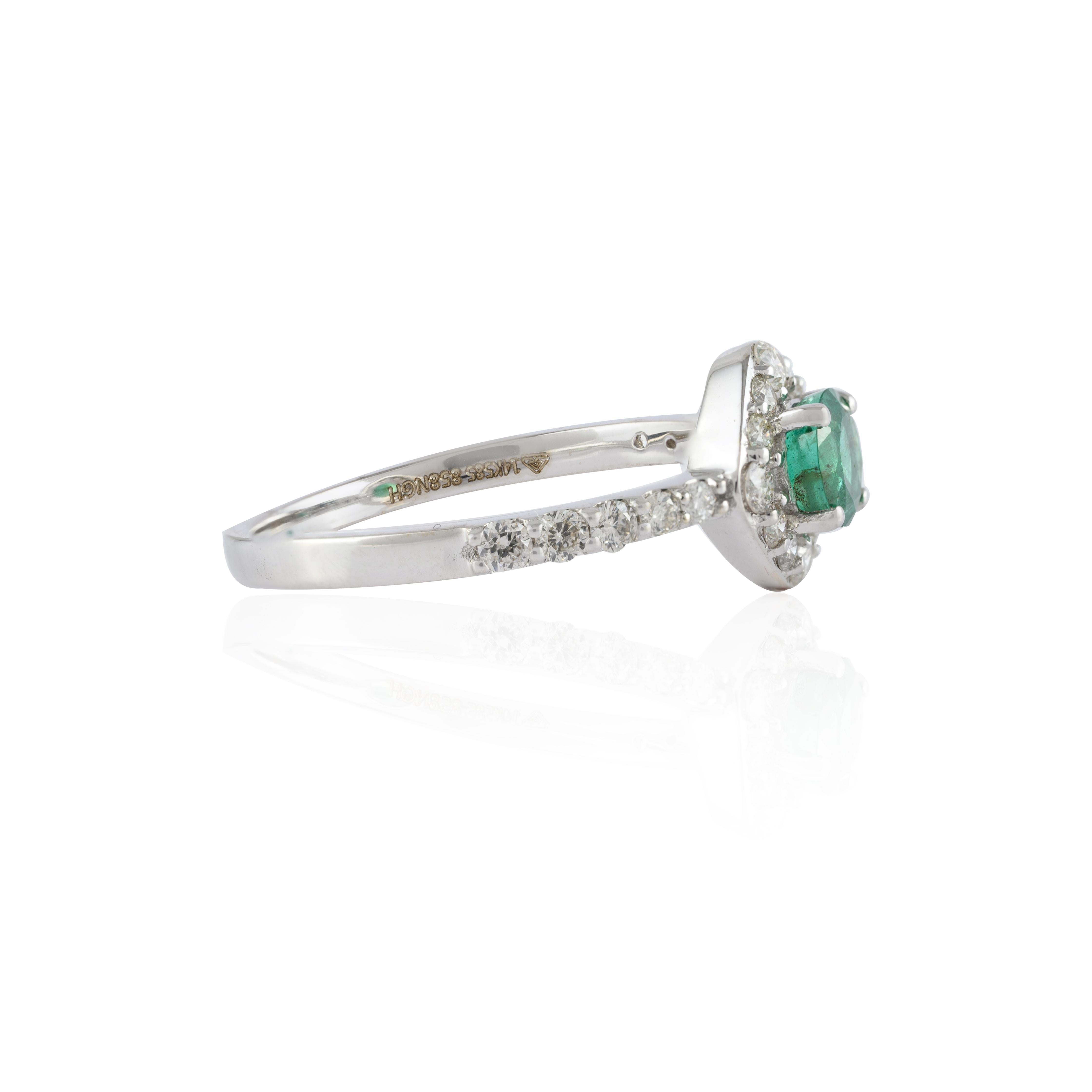 For Sale:  Dainty Halo Diamond Emerald Ring Handcrafted in 14k Solid White Gold 5