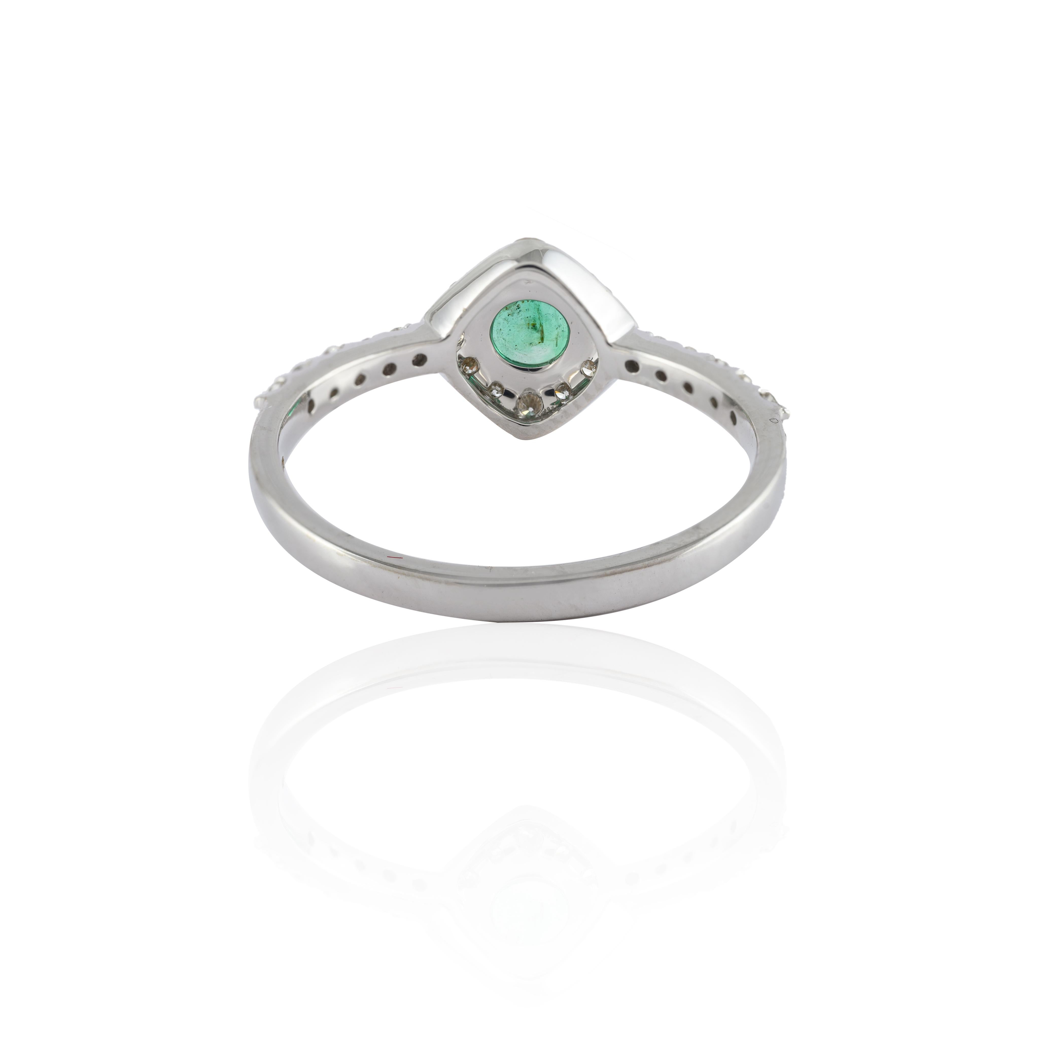 For Sale:  Dainty Halo Diamond Emerald Ring Handcrafted in 14k Solid White Gold 8