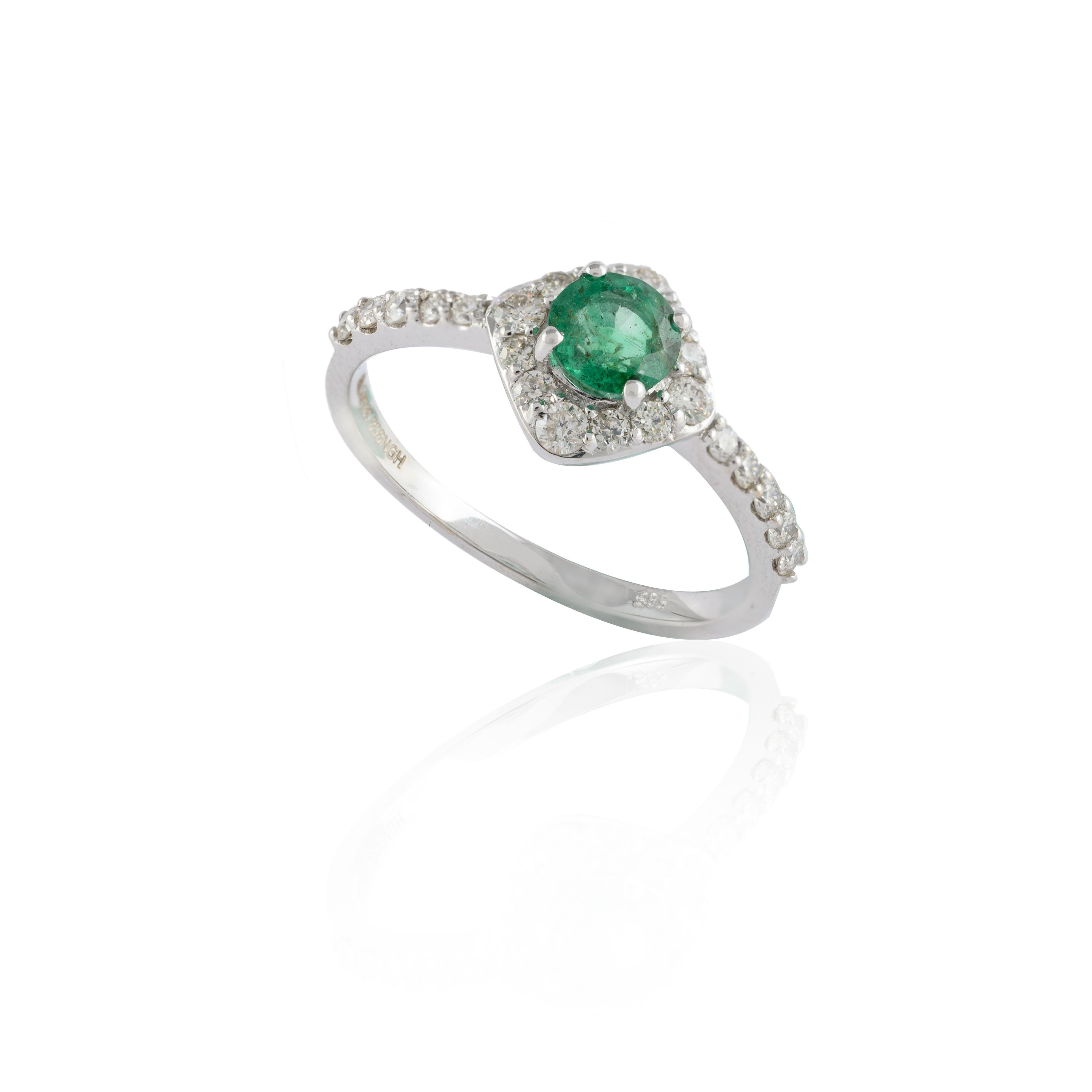 For Sale:  Dainty Halo Diamond Emerald Ring Handcrafted in 14k Solid White Gold 11