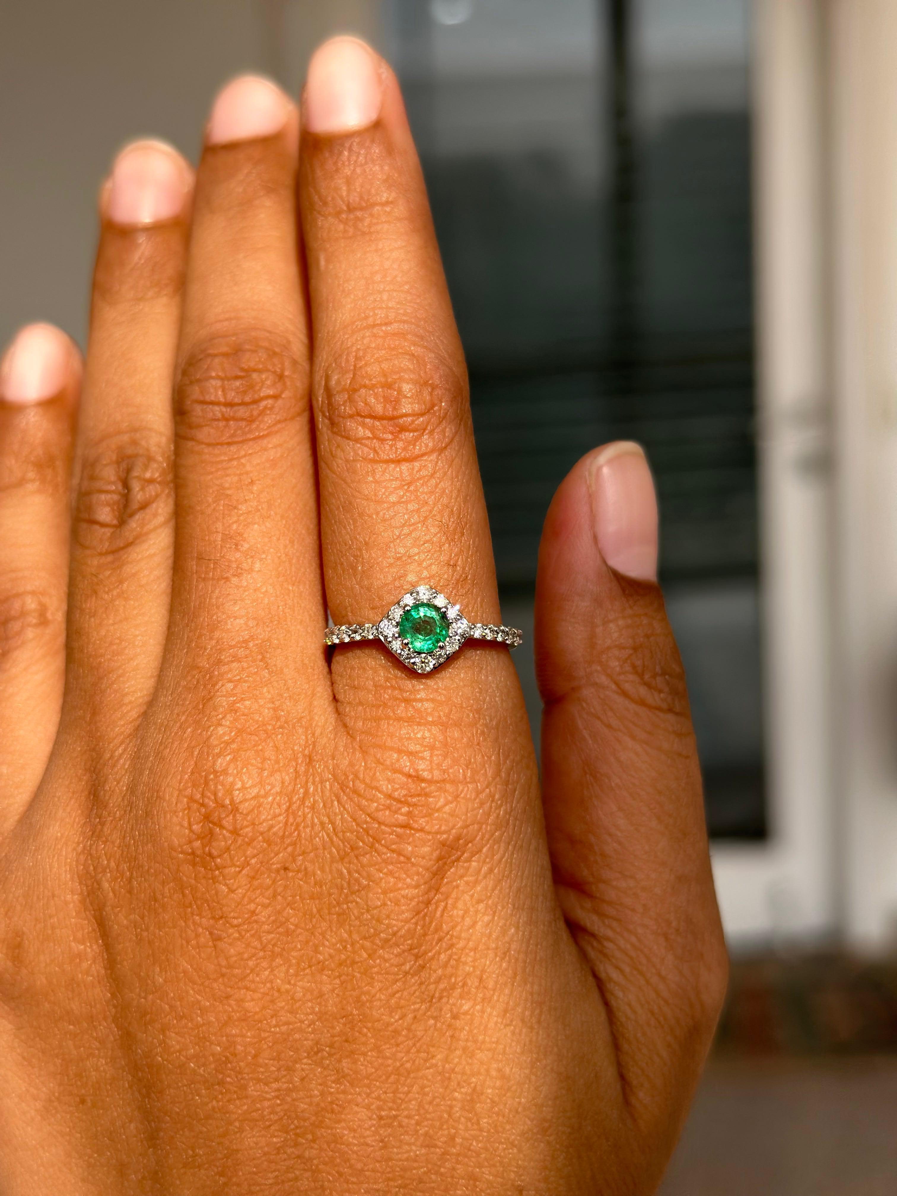 For Sale:  Dainty Halo Diamond Emerald Ring Handcrafted in 14k Solid White Gold 7