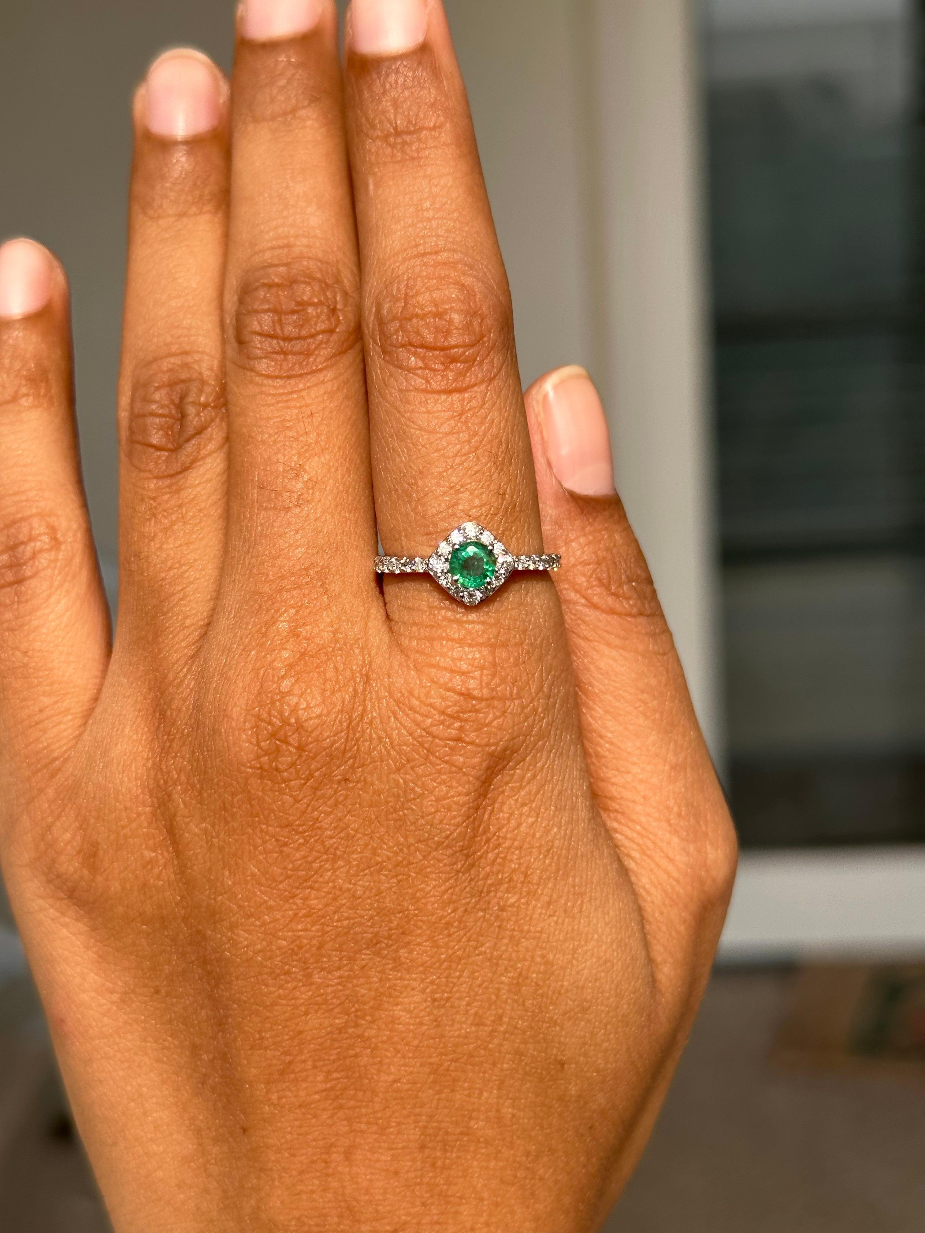 For Sale:  Dainty Halo Diamond Emerald Ring Handcrafted in 14k Solid White Gold 9