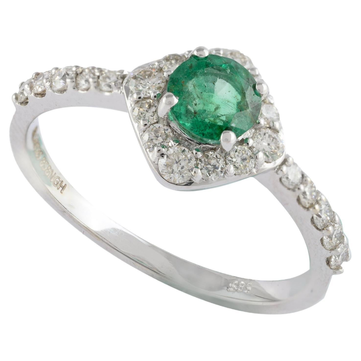 For Sale:  Dainty Halo Diamond Emerald Ring Handcrafted in 14k Solid White Gold