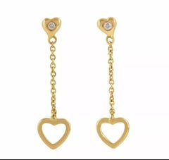 Dainty Heart Shape Drop&Dangle Earrings 14k Solid Gold Bezel Set Diamond Jewelry
