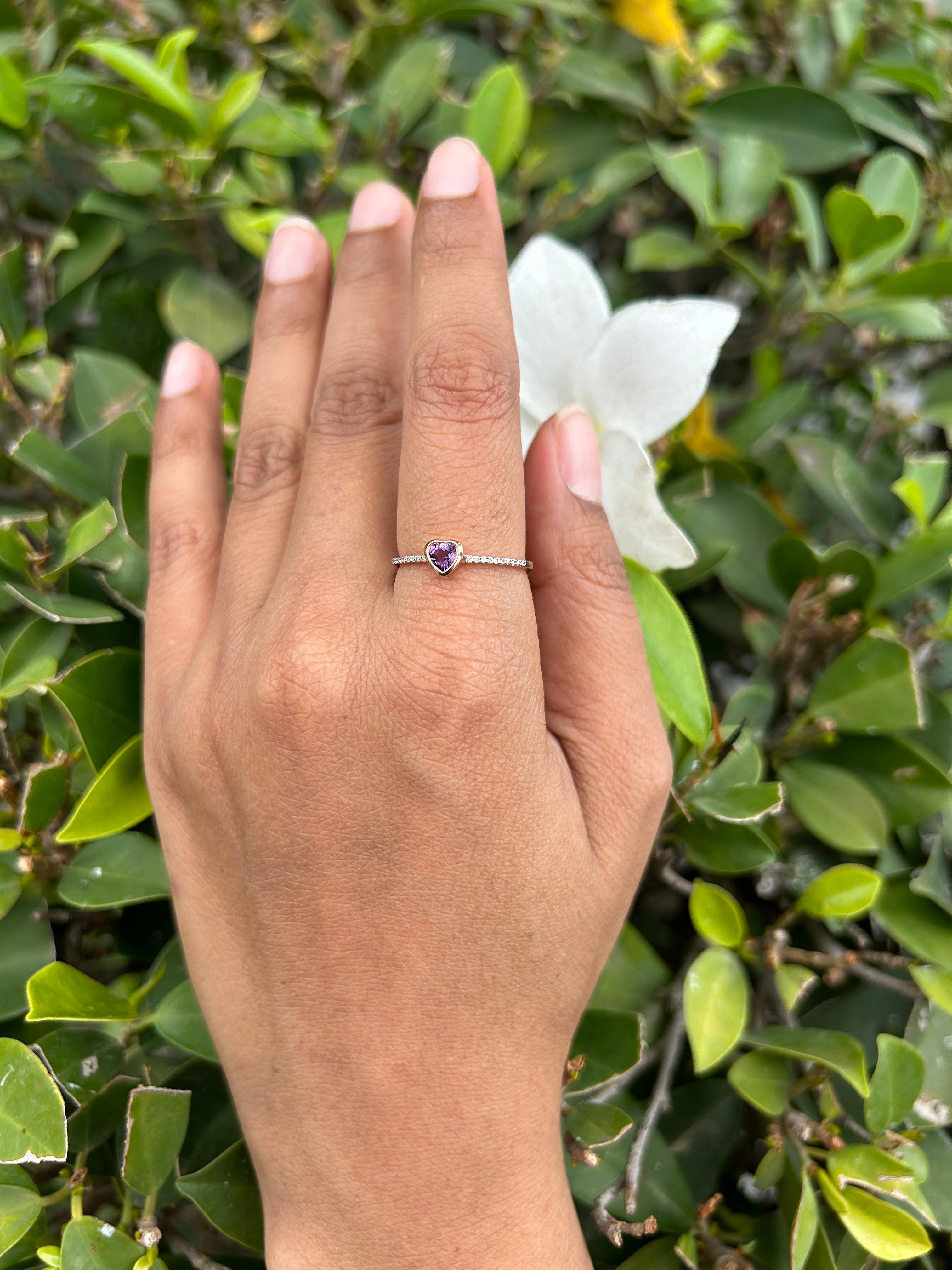 For Sale:  Dainty Heart Shaped Amethyst And Diamonds 14k Rose Gold Stackable Ring 13