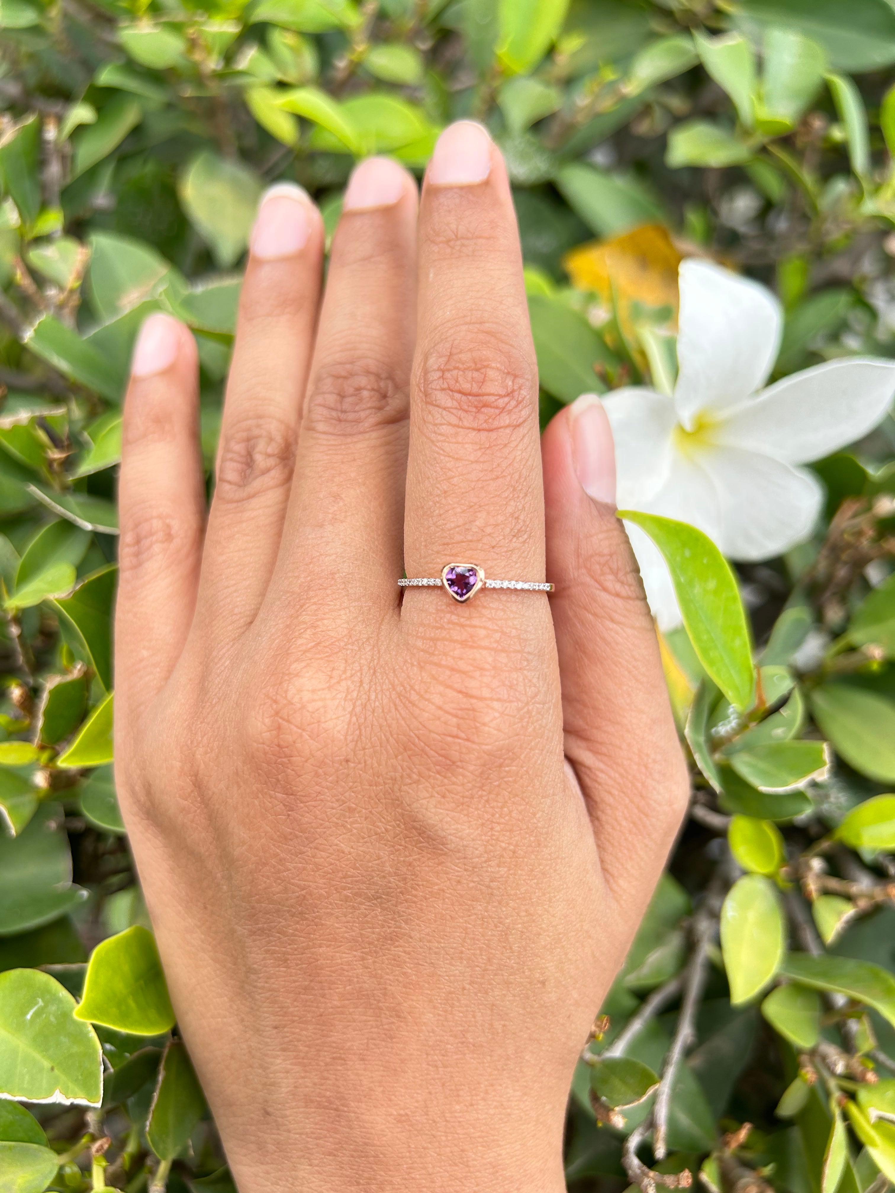 For Sale:  Dainty Heart Shaped Amethyst And Diamonds 14k Rose Gold Stackable Ring 14