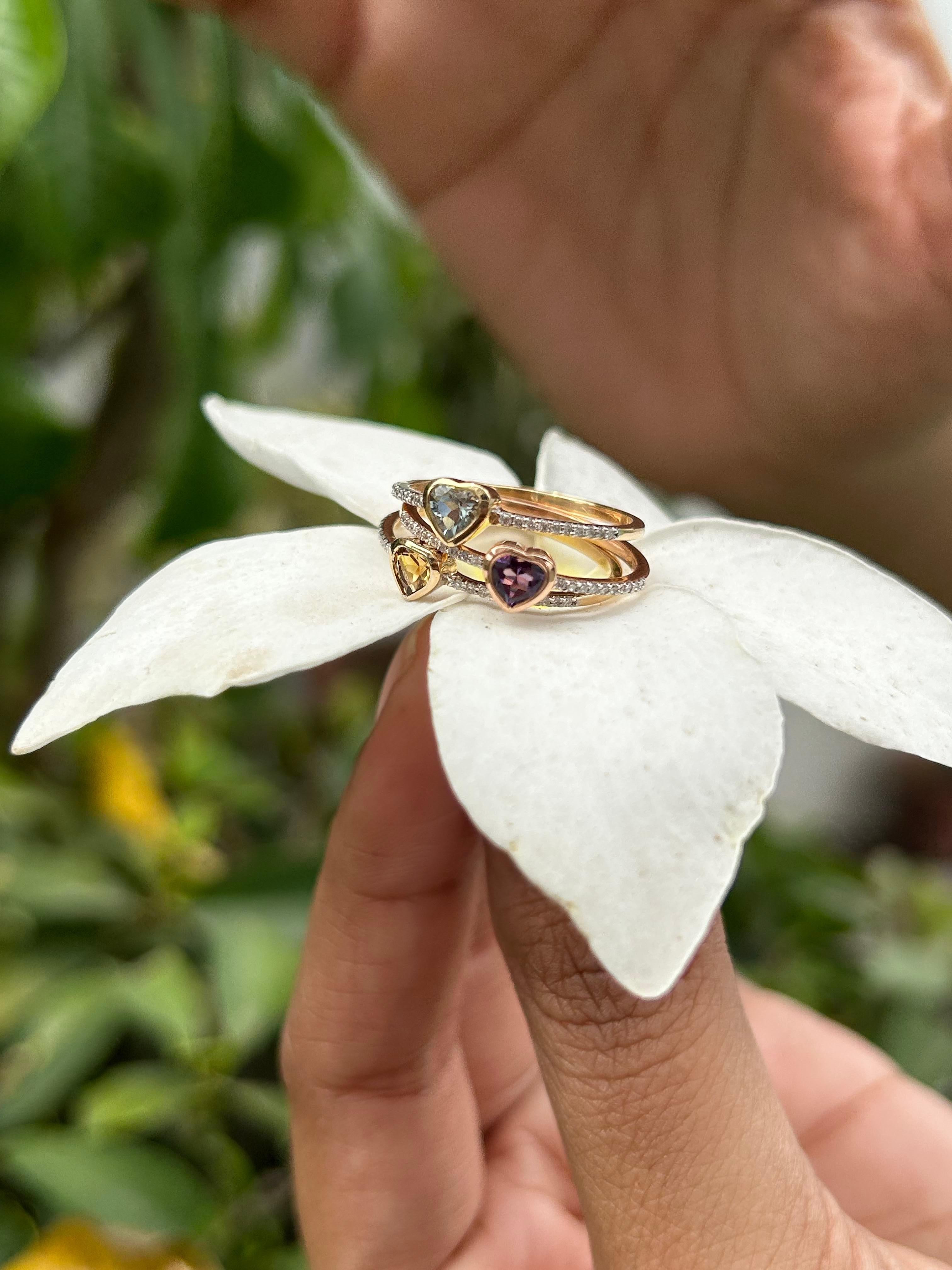 For Sale:  Dainty Heart Shaped Amethyst And Diamonds 14k Rose Gold Stackable Ring 16