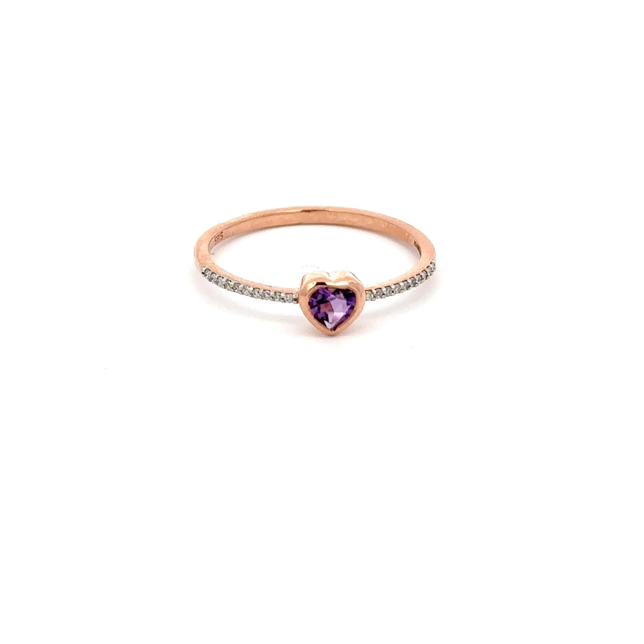 For Sale:  Dainty Heart Shaped Amethyst And Diamonds 14k Rose Gold Stackable Ring 17
