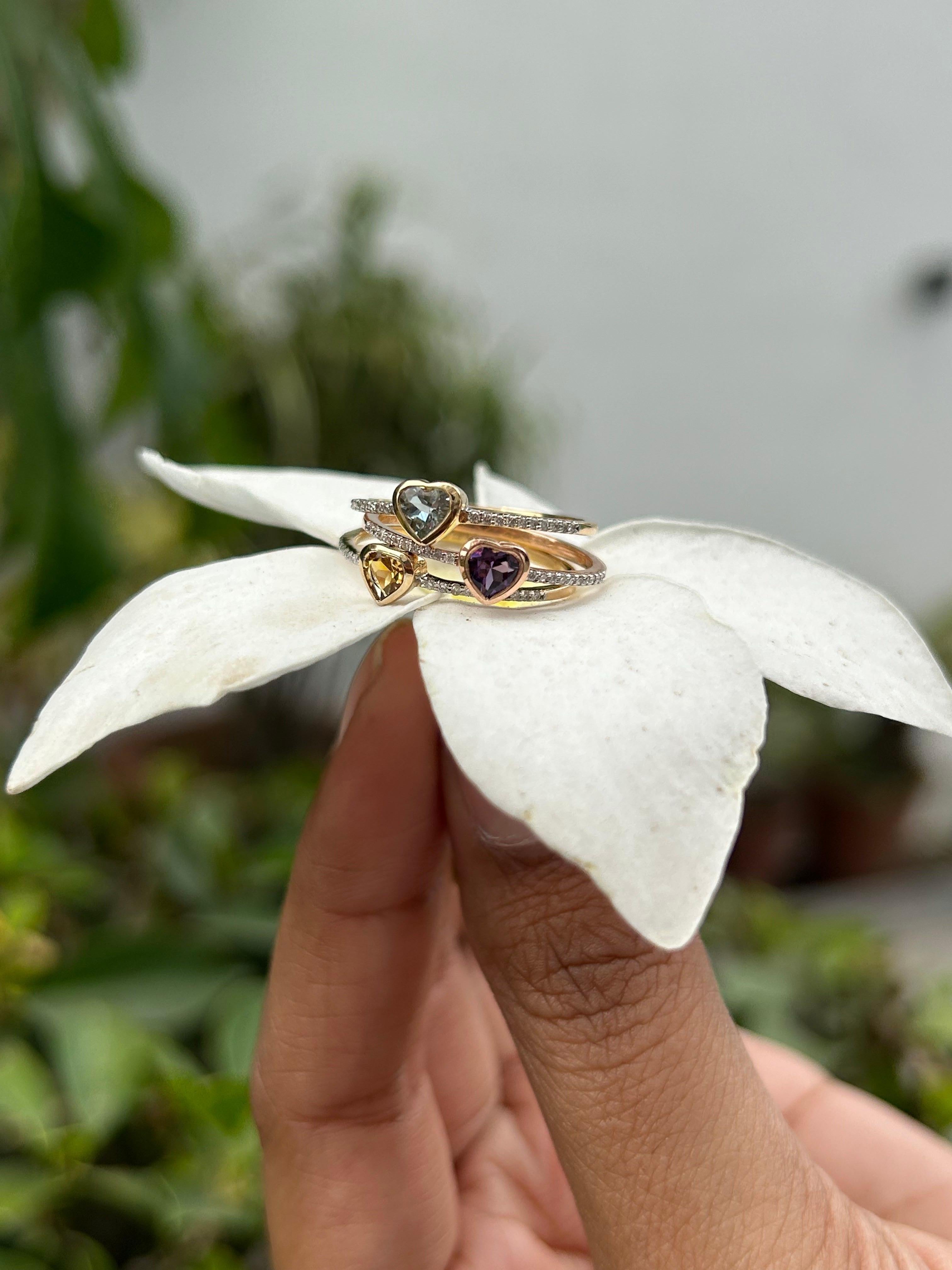 For Sale:  Dainty Heart Shaped Amethyst And Diamonds 14k Rose Gold Stackable Ring 2